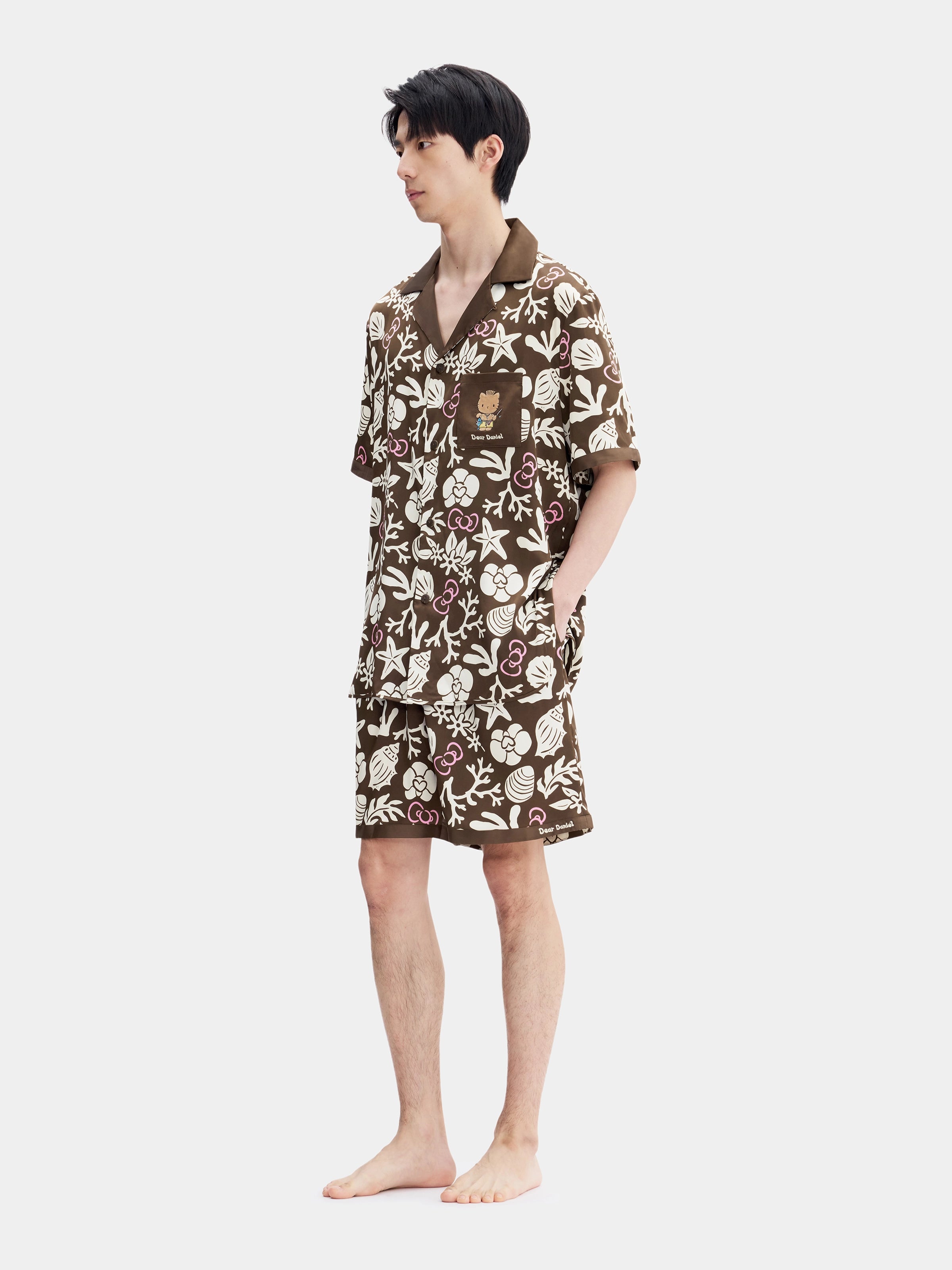 "Dear Daniel" Satin Loungewear Set Short Sleeve & Shorts – Coconut Brown