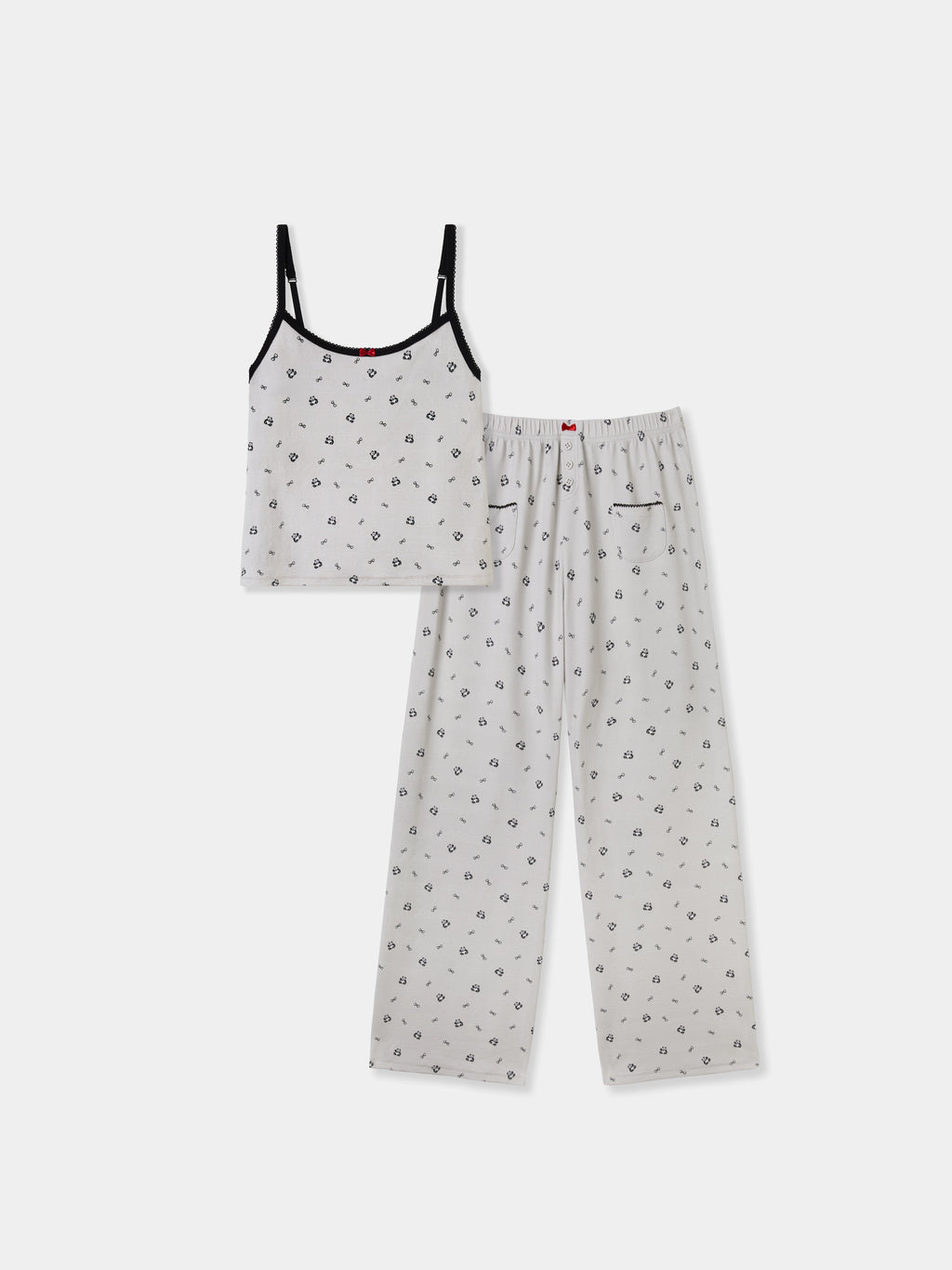 "Panda PomPom" Jersey Rib Jacquard Spaghetti Strap Top & Pants Pajama Set – Gray