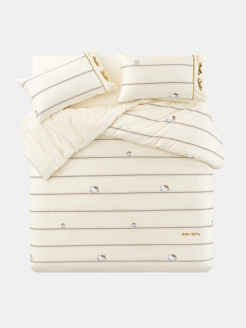 "Hello Kitty" Cotton Sateen Printed Bedding Set – Beige & White Stripes