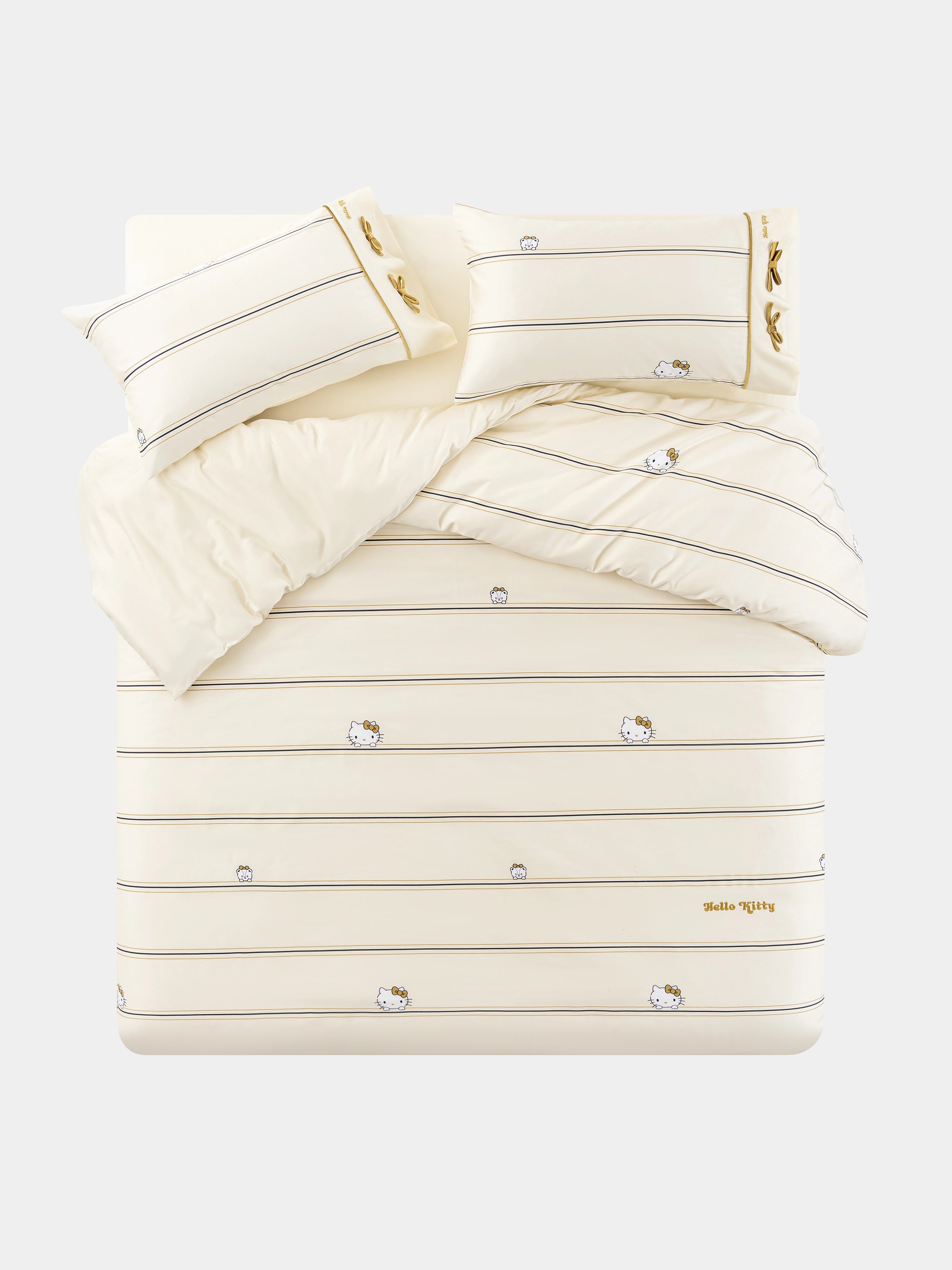 "Hello Kitty" Cotton Sateen Printed Bedding Set – Beige & White Stripes