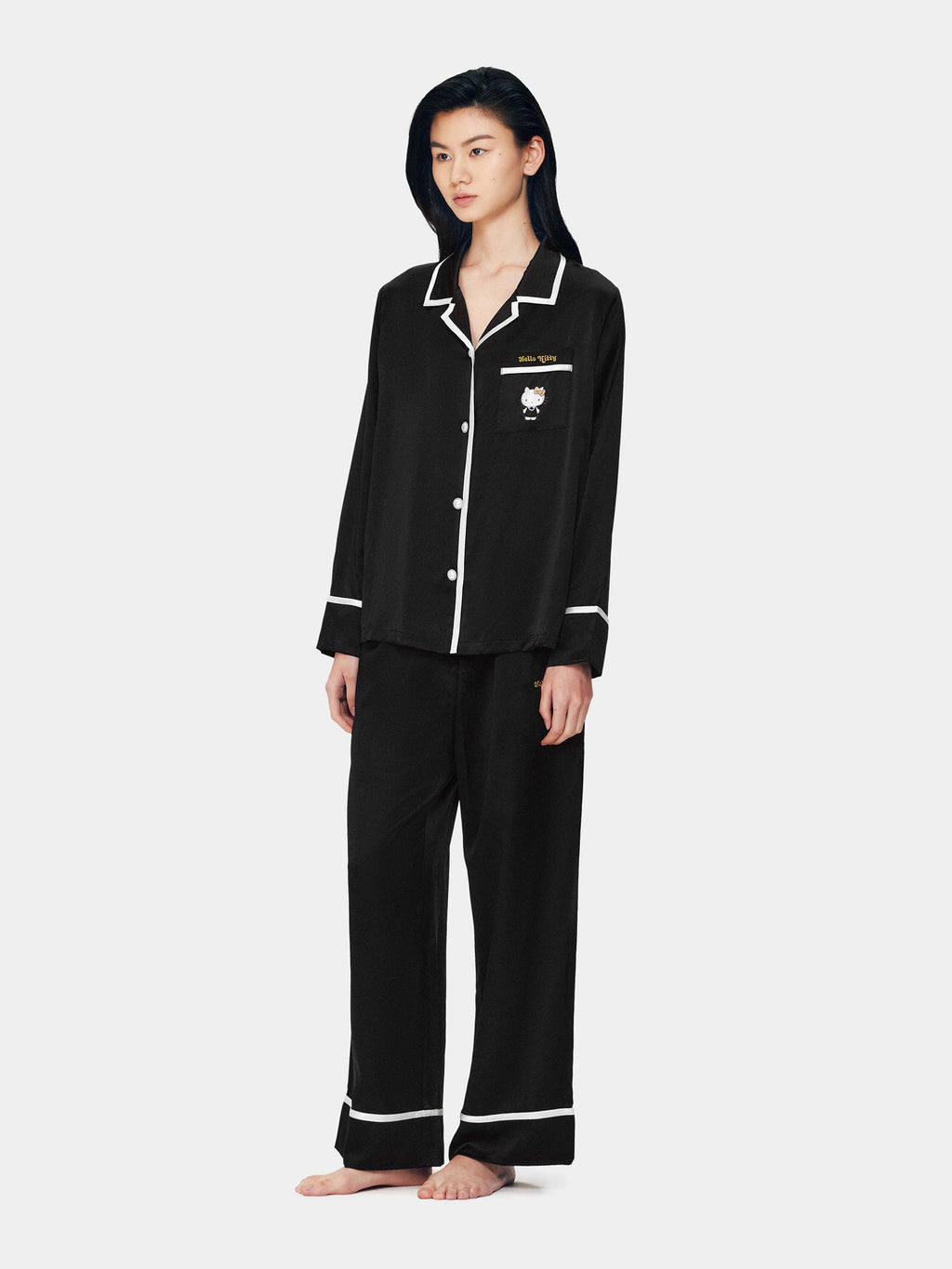 "Hello Kitty" Premium Heavy Mulberry Silk Loungewear Set – Classic Black