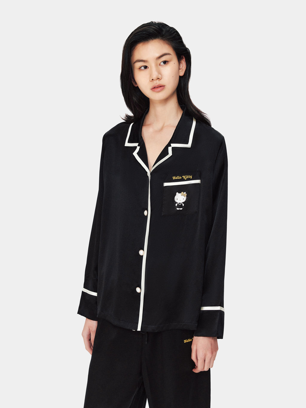 "Hello Kitty" Premium Heavy Mulberry Silk Loungewear Set – Classic Black