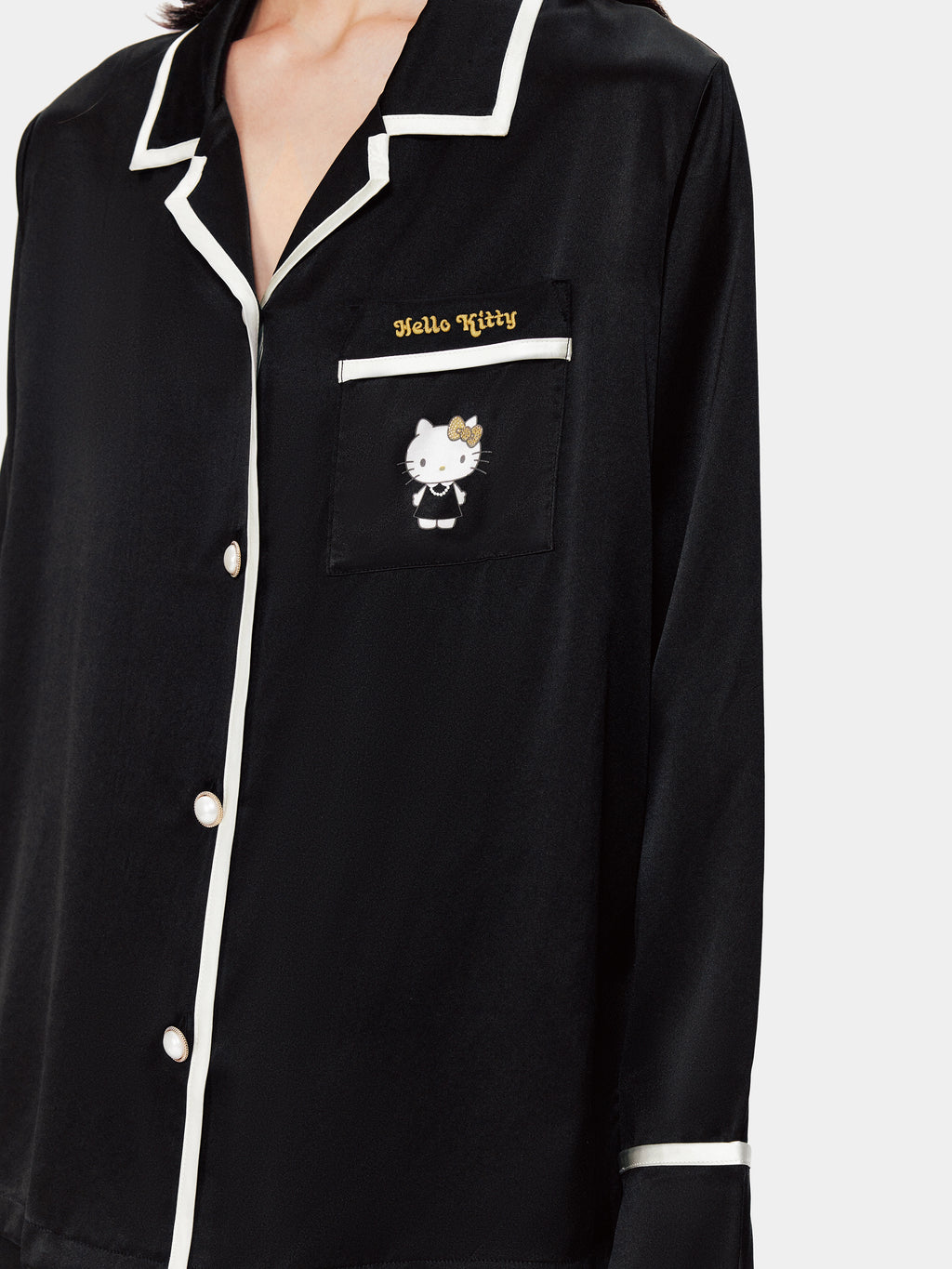 "Hello Kitty" Premium Heavy Mulberry Silk Loungewear Set – Classic Black