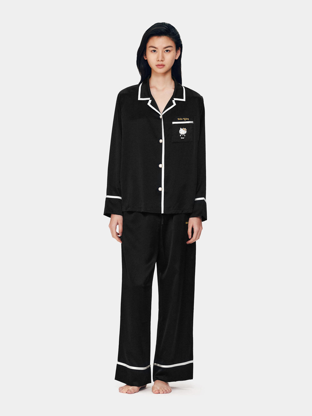 "Hello Kitty" Premium Heavy Mulberry Silk Loungewear Set – Classic Black