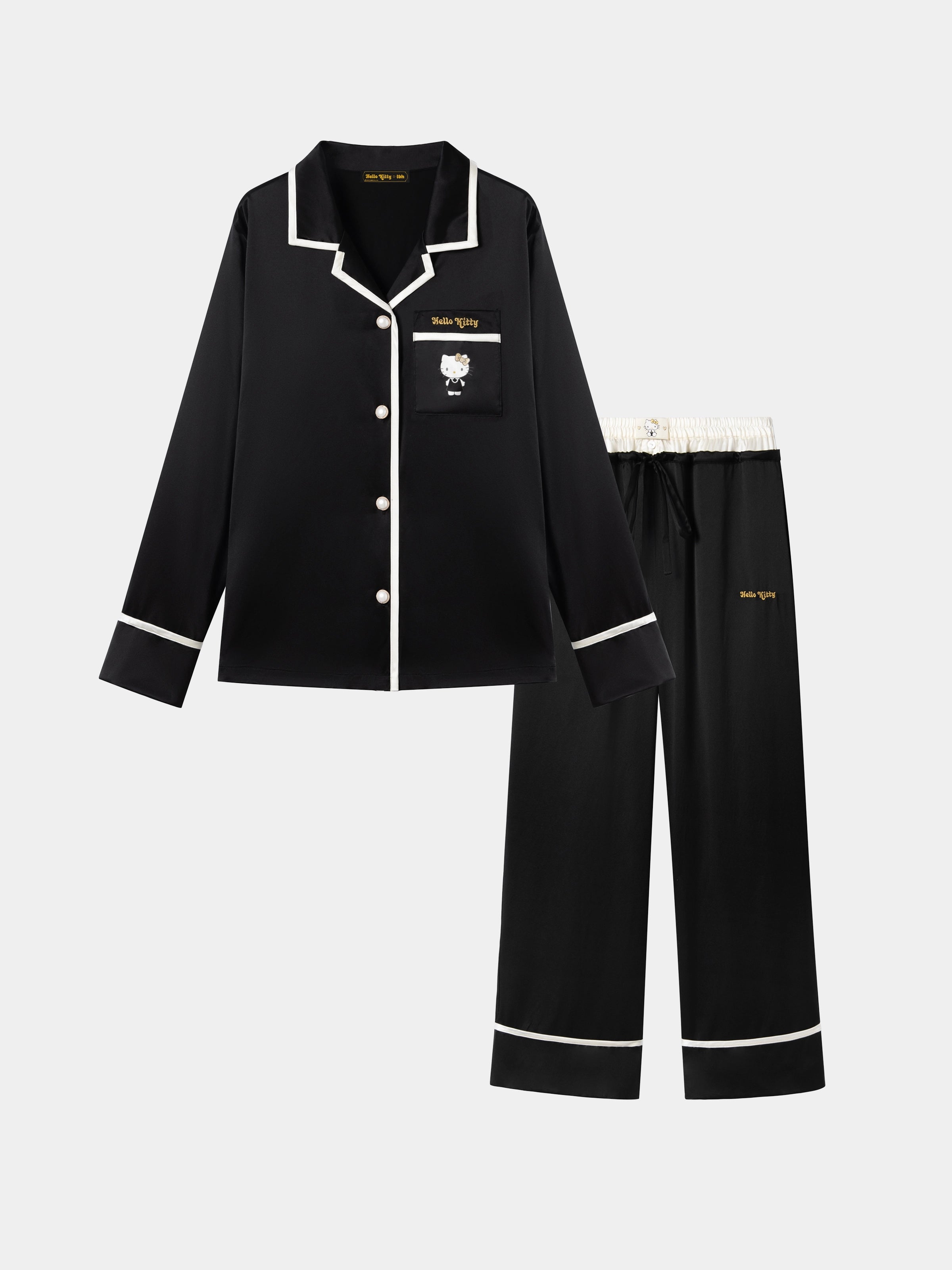 "Hello Kitty" Premium Heavy Mulberry Silk Loungewear Set – Classic Black