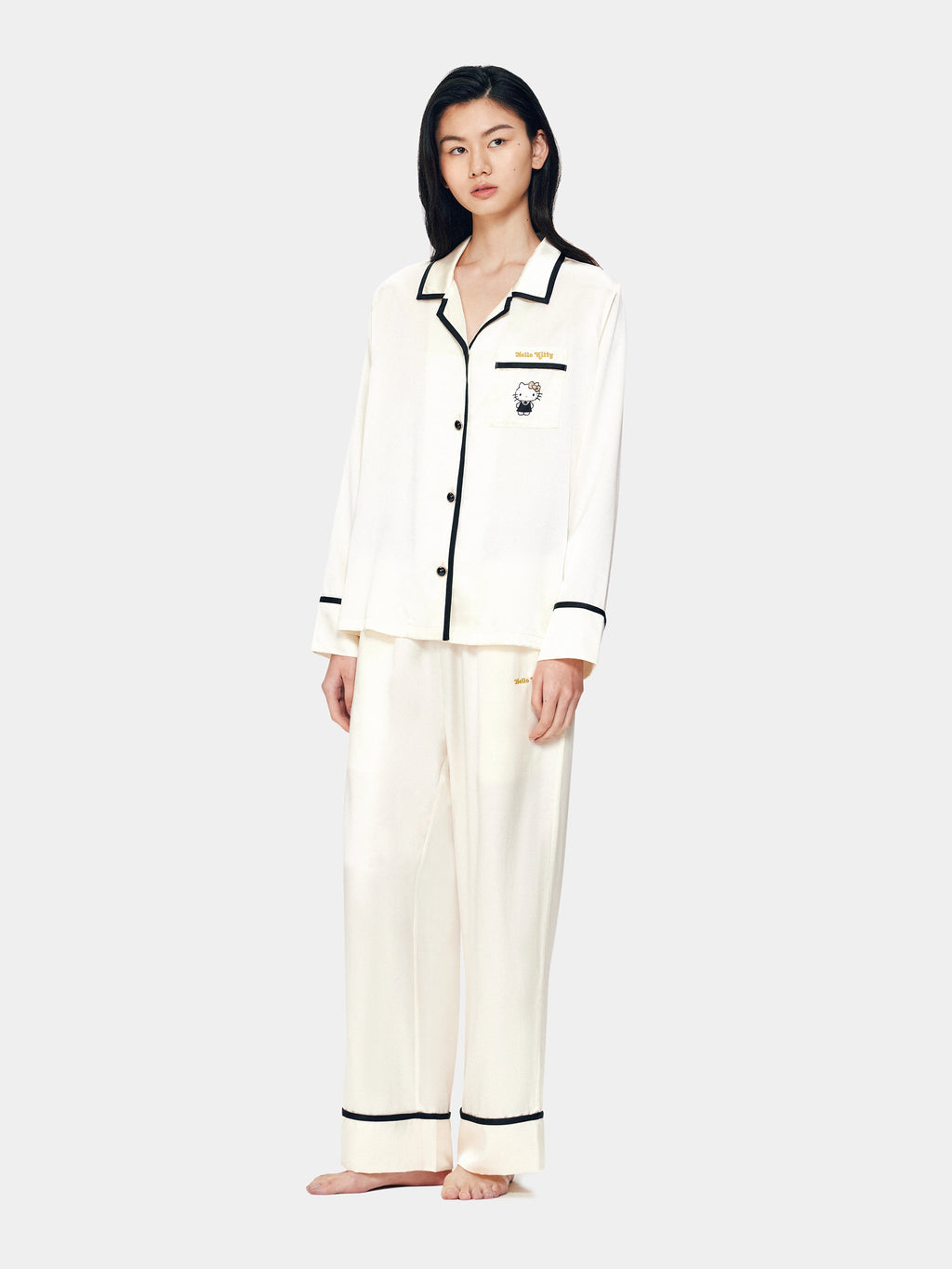"Hello Kitty" Premium Heavy Mulberry Silk Loungewear Set – Pearl White