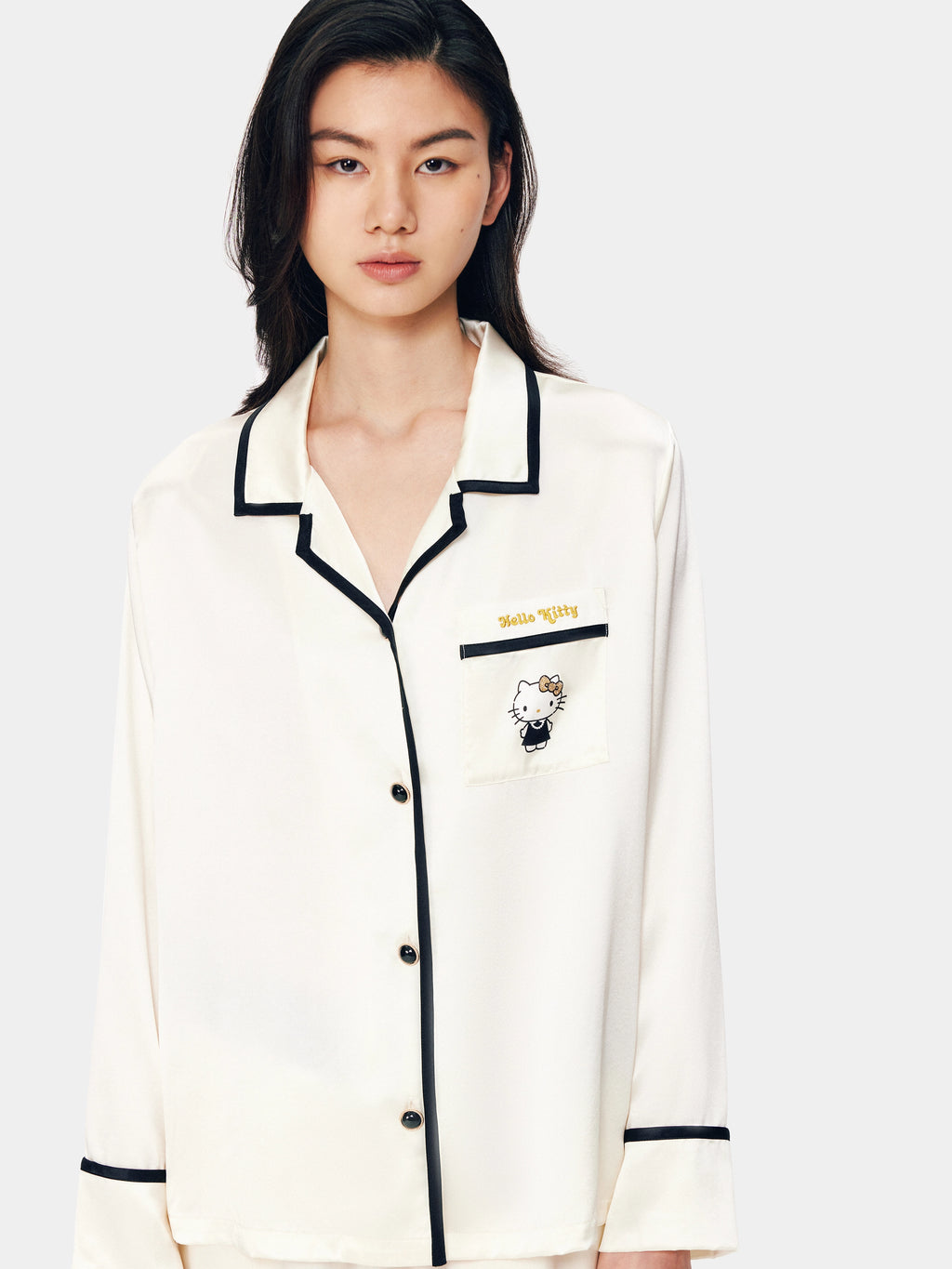 "Hello Kitty" Premium Heavy Mulberry Silk Loungewear Set – Pearl White