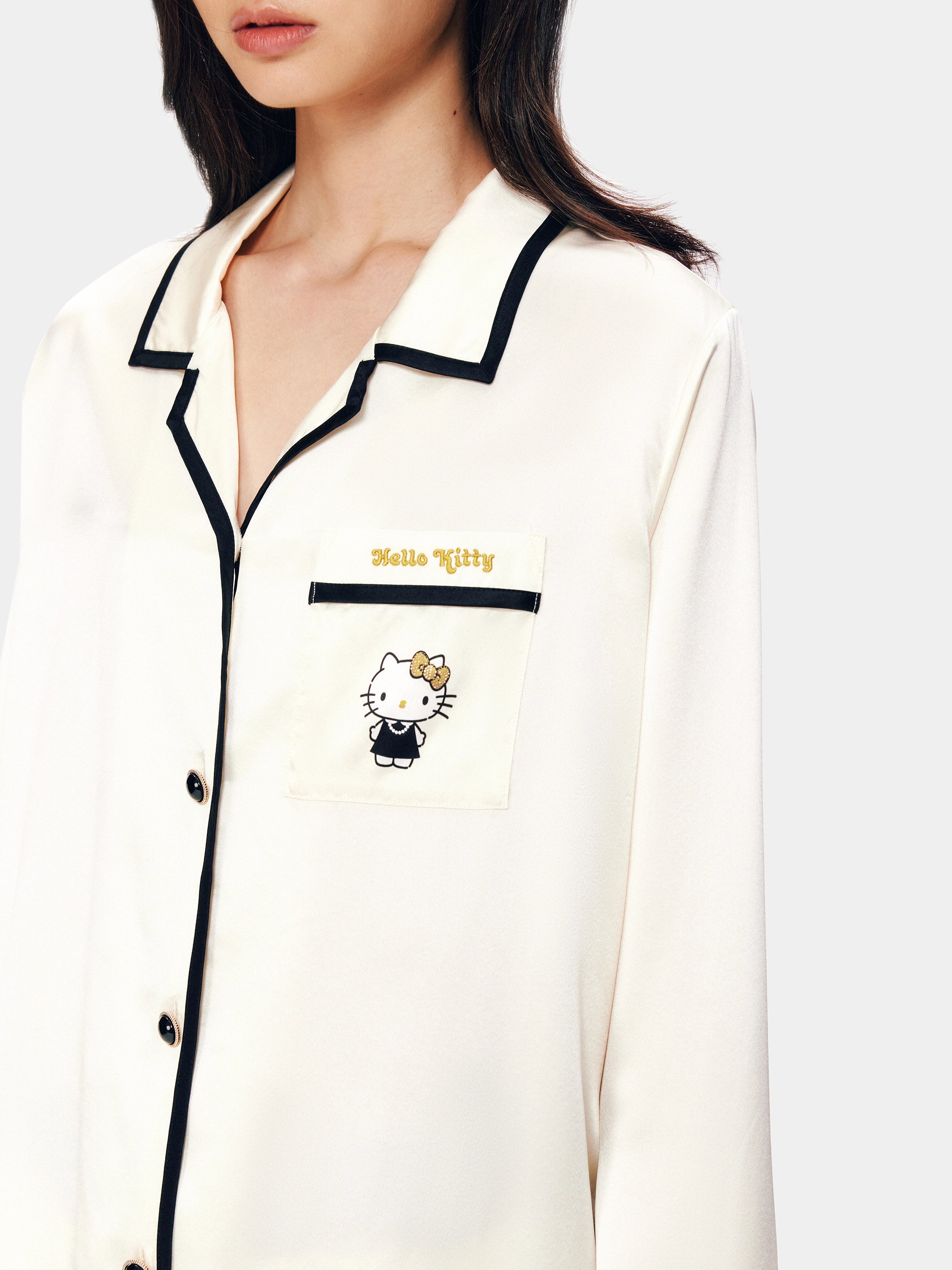 "Hello Kitty" Premium Heavy Mulberry Silk Loungewear Set – Pearl White