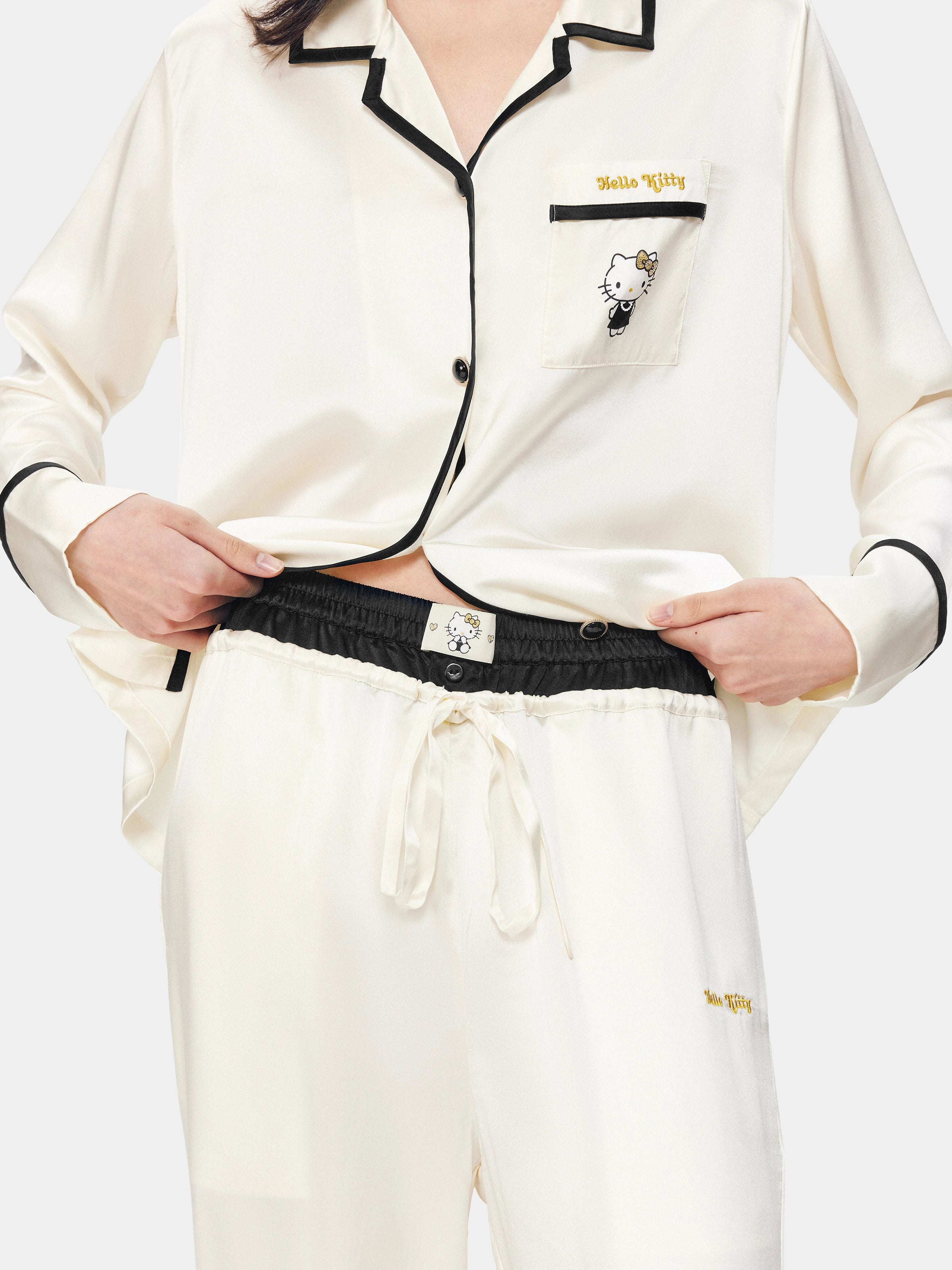 "Hello Kitty" Premium Heavy Mulberry Silk Loungewear Set – Pearl White