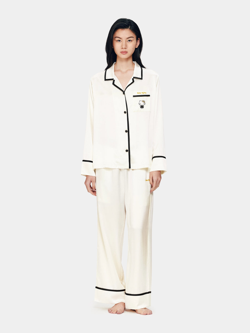 "Hello Kitty" Premium Heavy Mulberry Silk Loungewear Set – Pearl White
