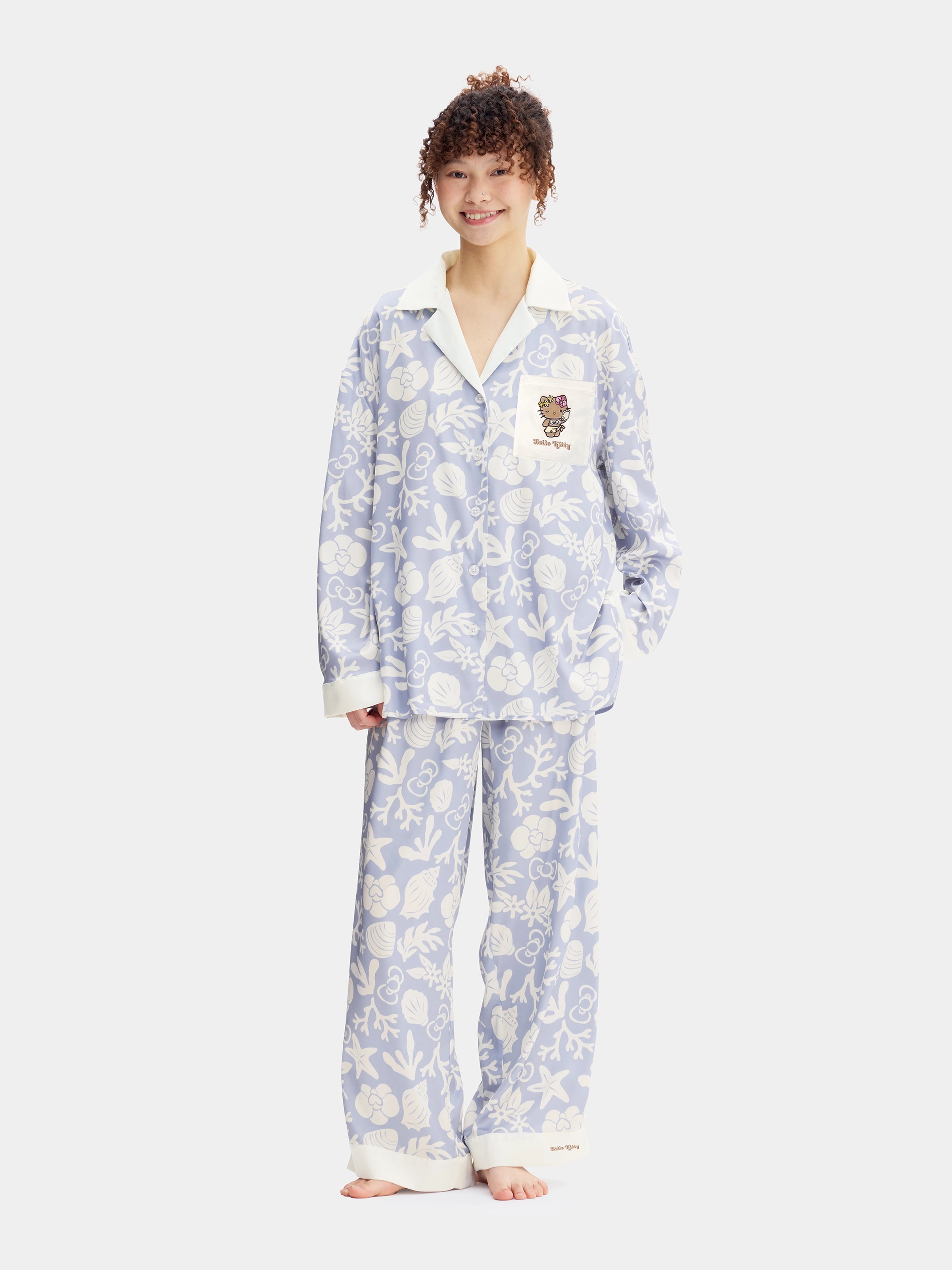 "Hello Kitty" Satin Loungewear Set Long Sleeve – Breezy Blue