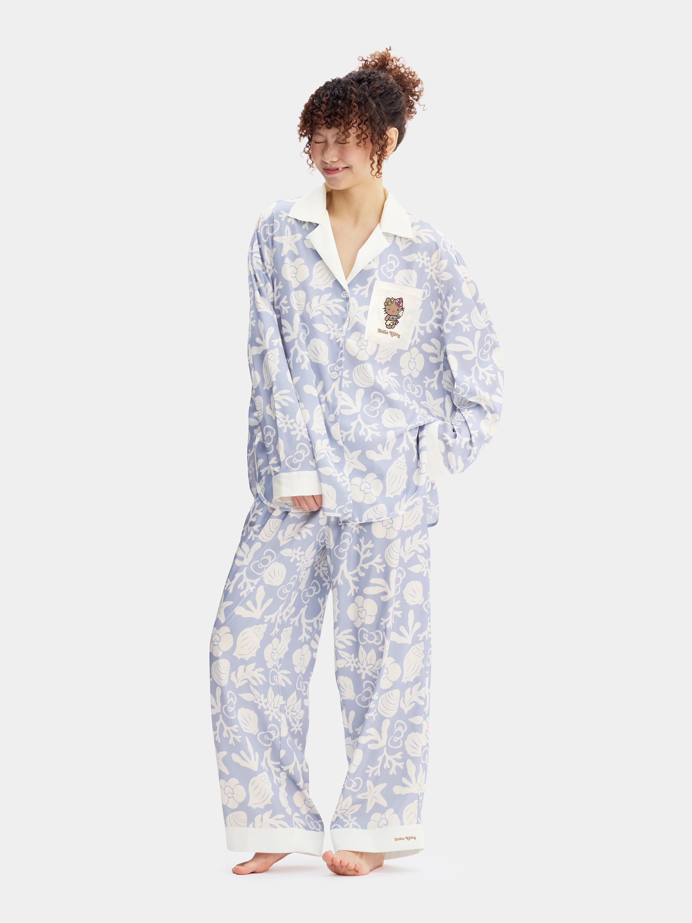 "Hello Kitty" Satin Loungewear Set Long Sleeve – Breezy Blue