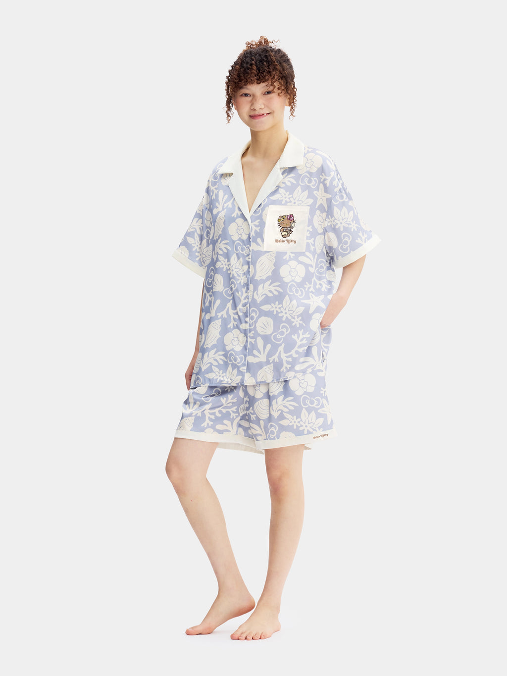 "Hello Kitty" Satin Loungewear Set Short Sleeve & Shorts – Breezy Blue