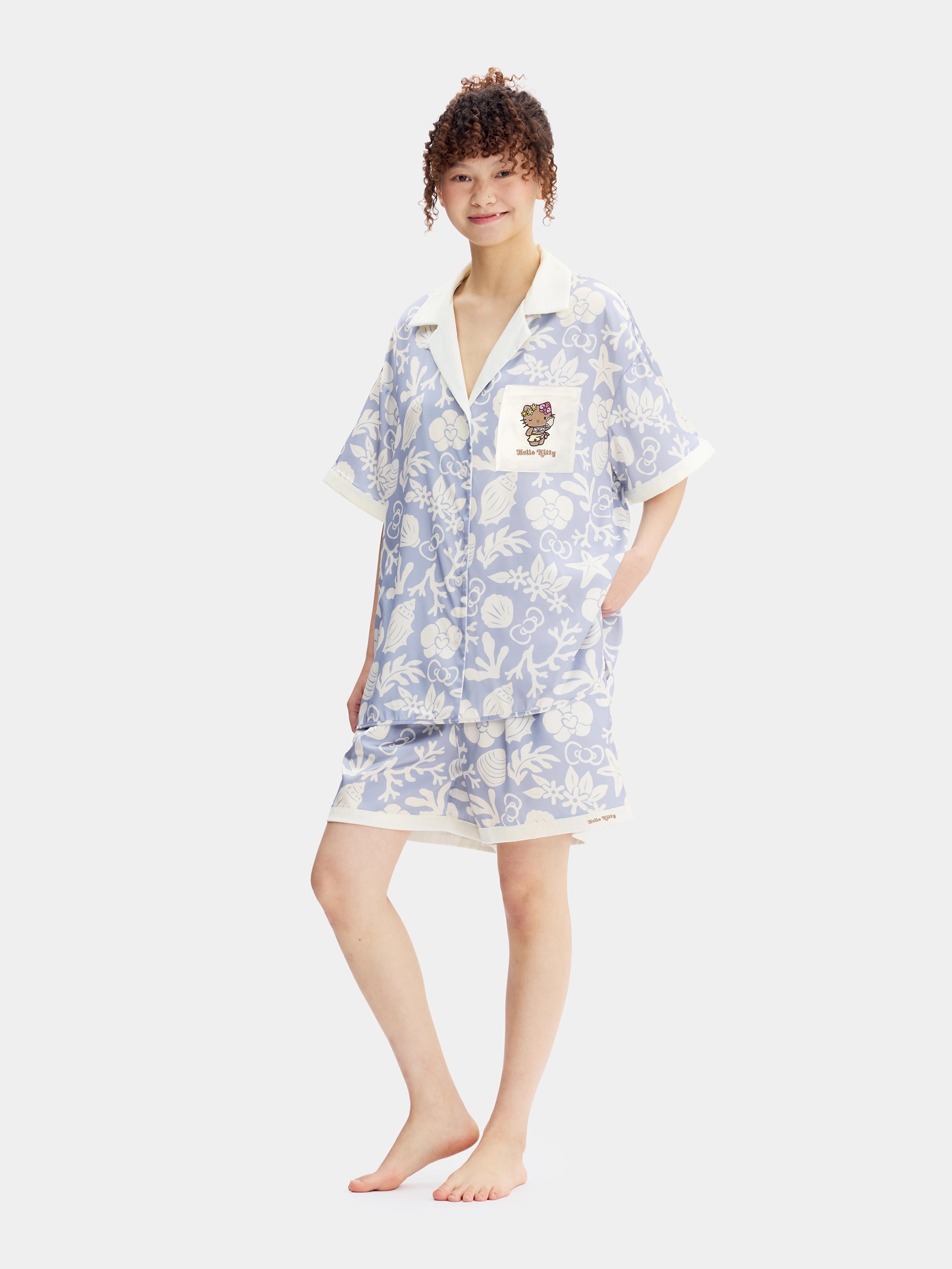 "Hello Kitty" Satin Loungewear Set Short Sleeve & Shorts – Breezy Blue