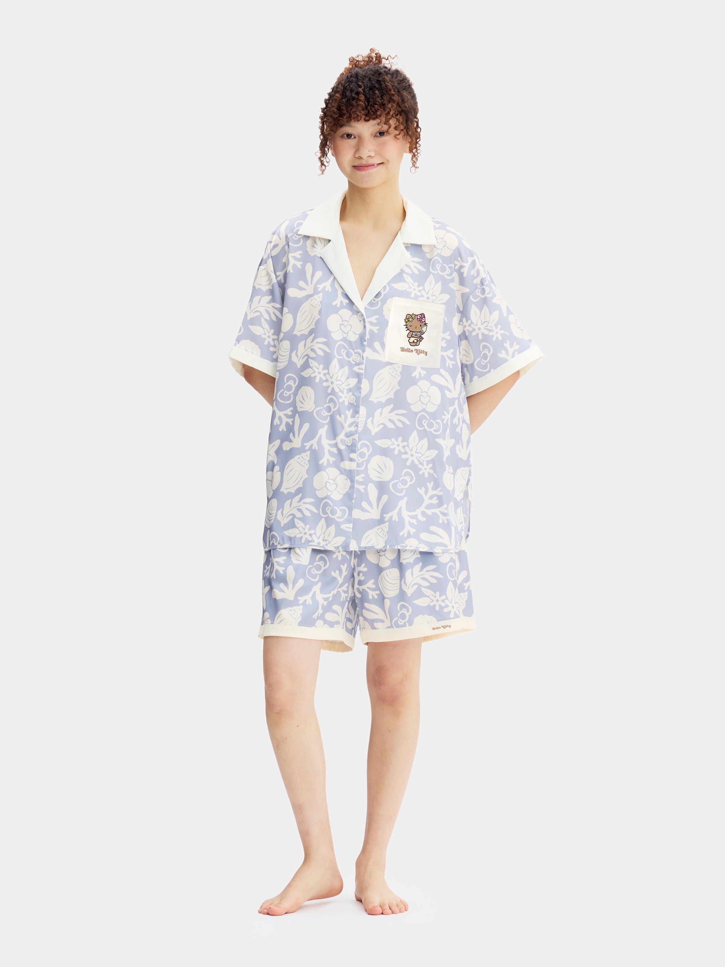 "Hello Kitty" Satin Loungewear Set Short Sleeve & Shorts – Breezy Blue