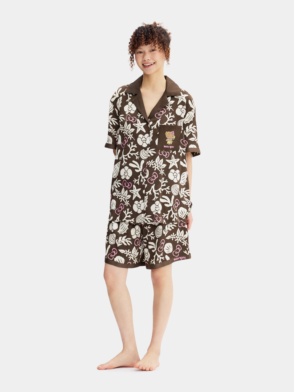 "Hello Kitty" Satin Loungewear Set Short Sleeve & Shorts – Coconut Brown
