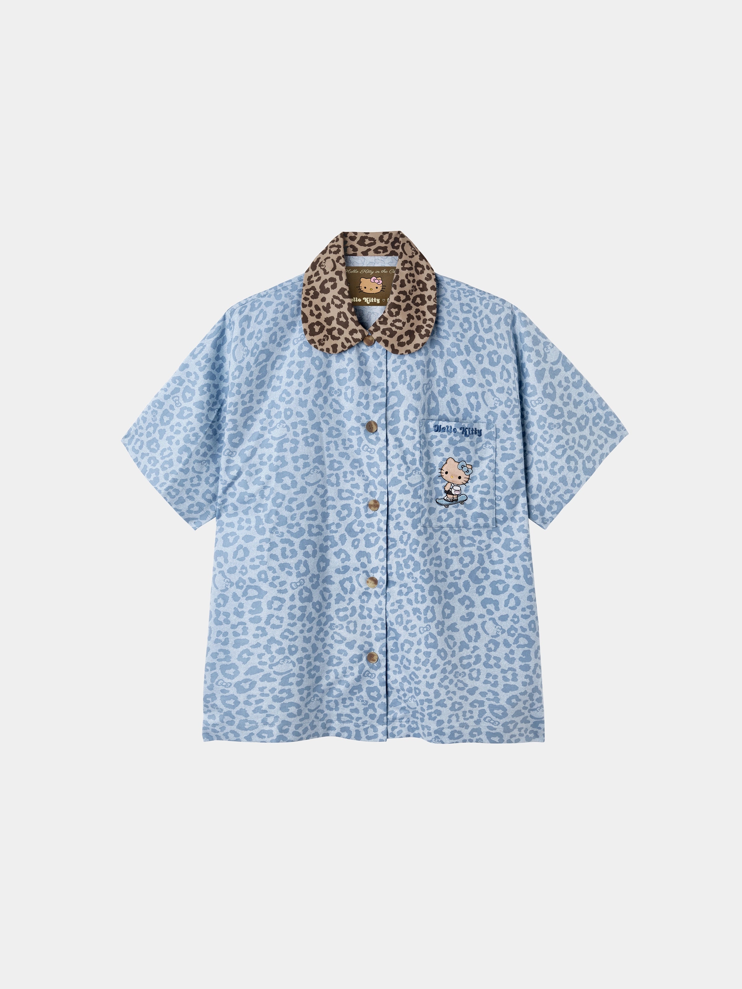"Hello Kitty" Tencel Cotton Blend Loungewear Set Short Sleeve & Pants – Denim Leopard