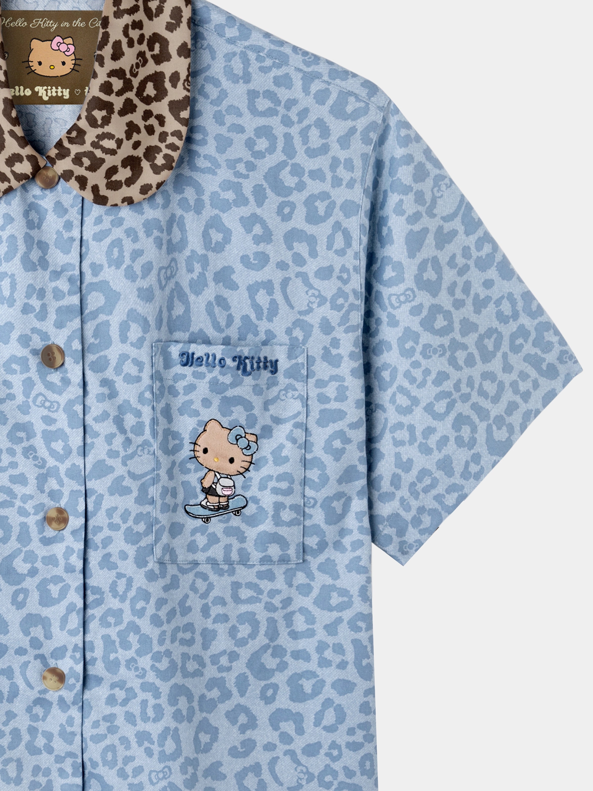 "Hello Kitty" Tencel Cotton Blend Loungewear Set Short Sleeve & Pants – Denim Leopard