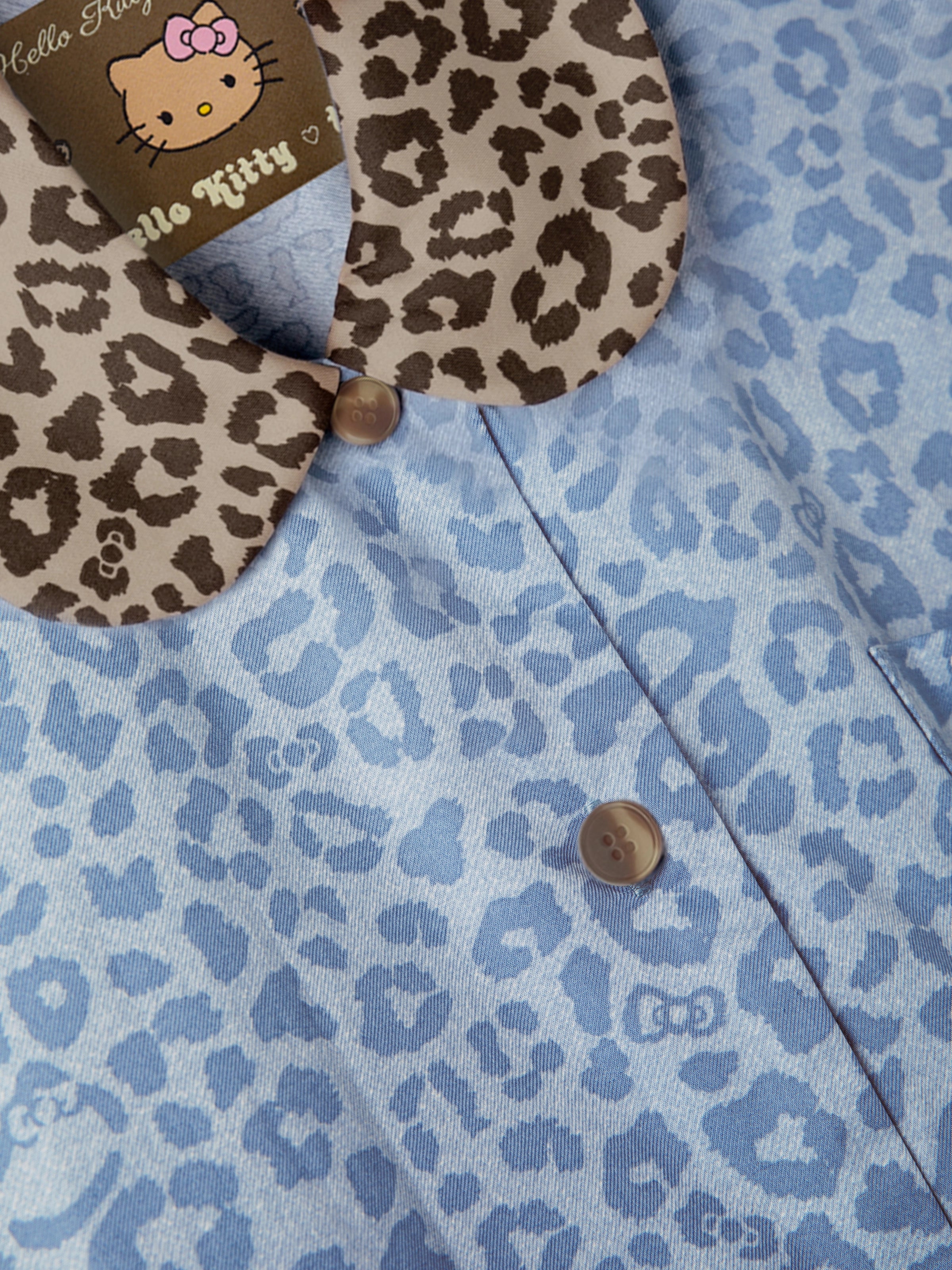 "Hello Kitty" Tencel Cotton Blend Loungewear Set Short Sleeve & Pants – Denim Leopard