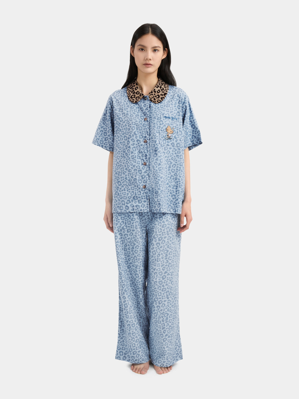 "Hello Kitty" Tencel Cotton Blend Loungewear Set Short Sleeve & Pants – Denim Leopard