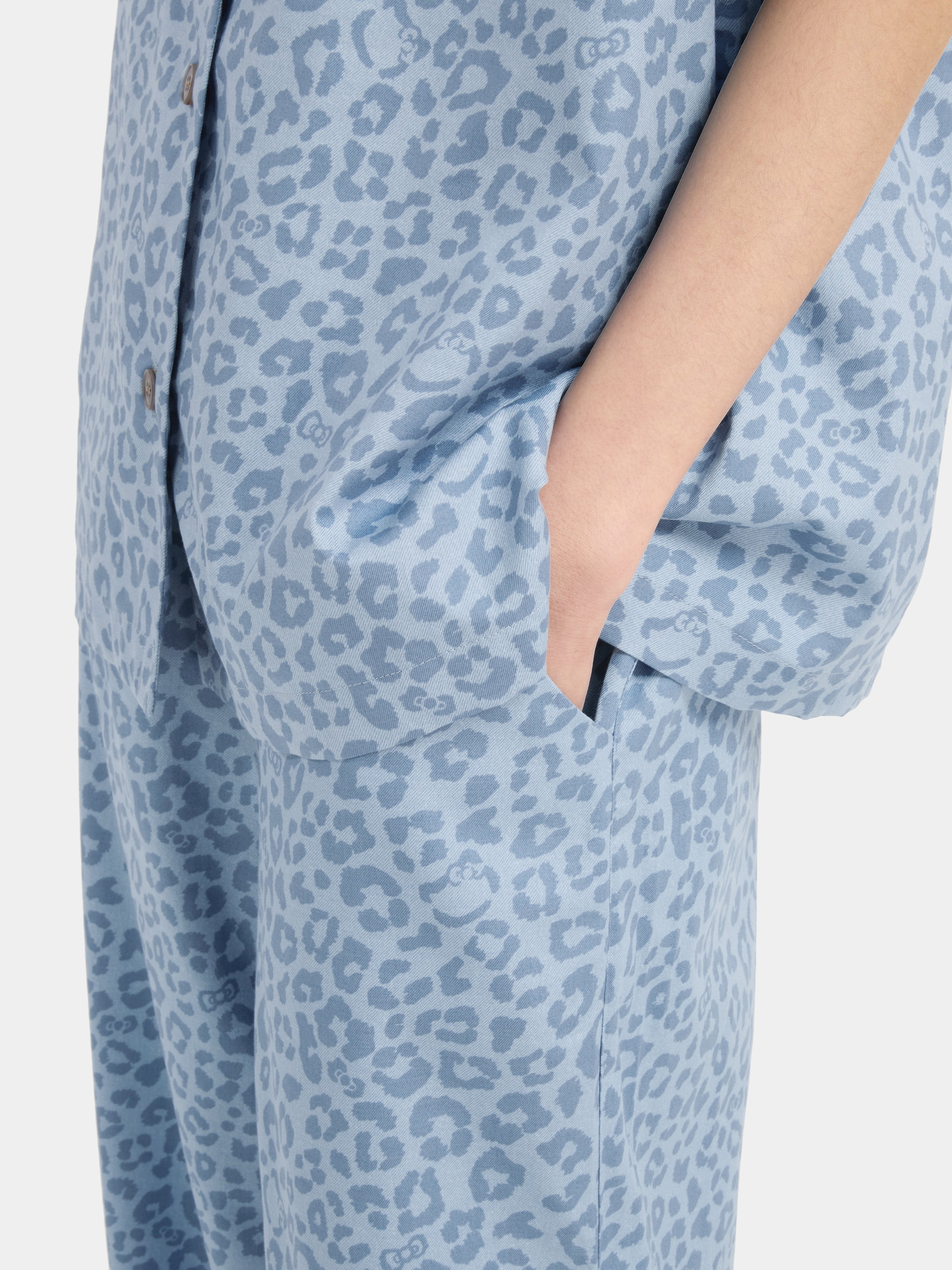 "Hello Kitty" Tencel Cotton Blend Loungewear Set Short Sleeve & Pants – Denim Leopard