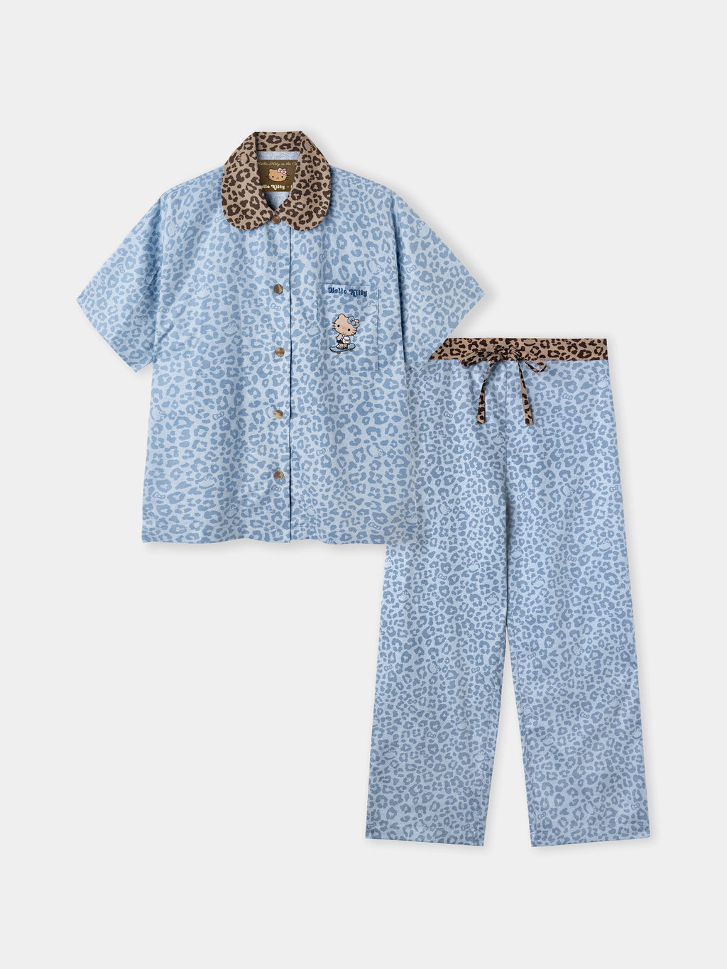 "Hello Kitty" Tencel Cotton Blend Loungewear Set Short Sleeve & Pants – Denim Leopard