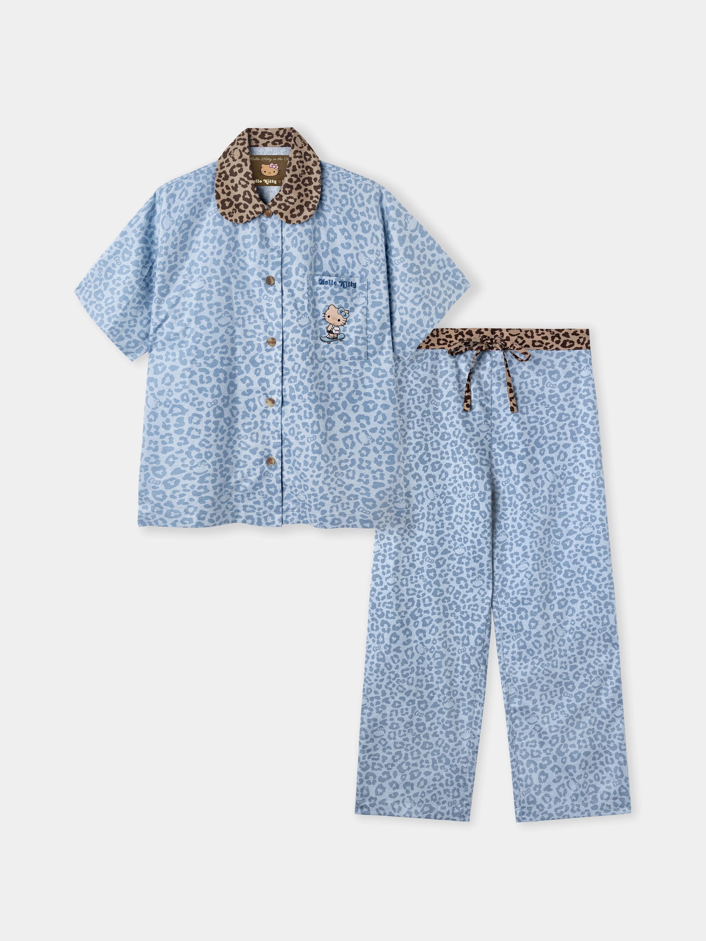 "Hello Kitty" Tencel Cotton Blend Loungewear Set Short Sleeve & Pants – Denim Leopard