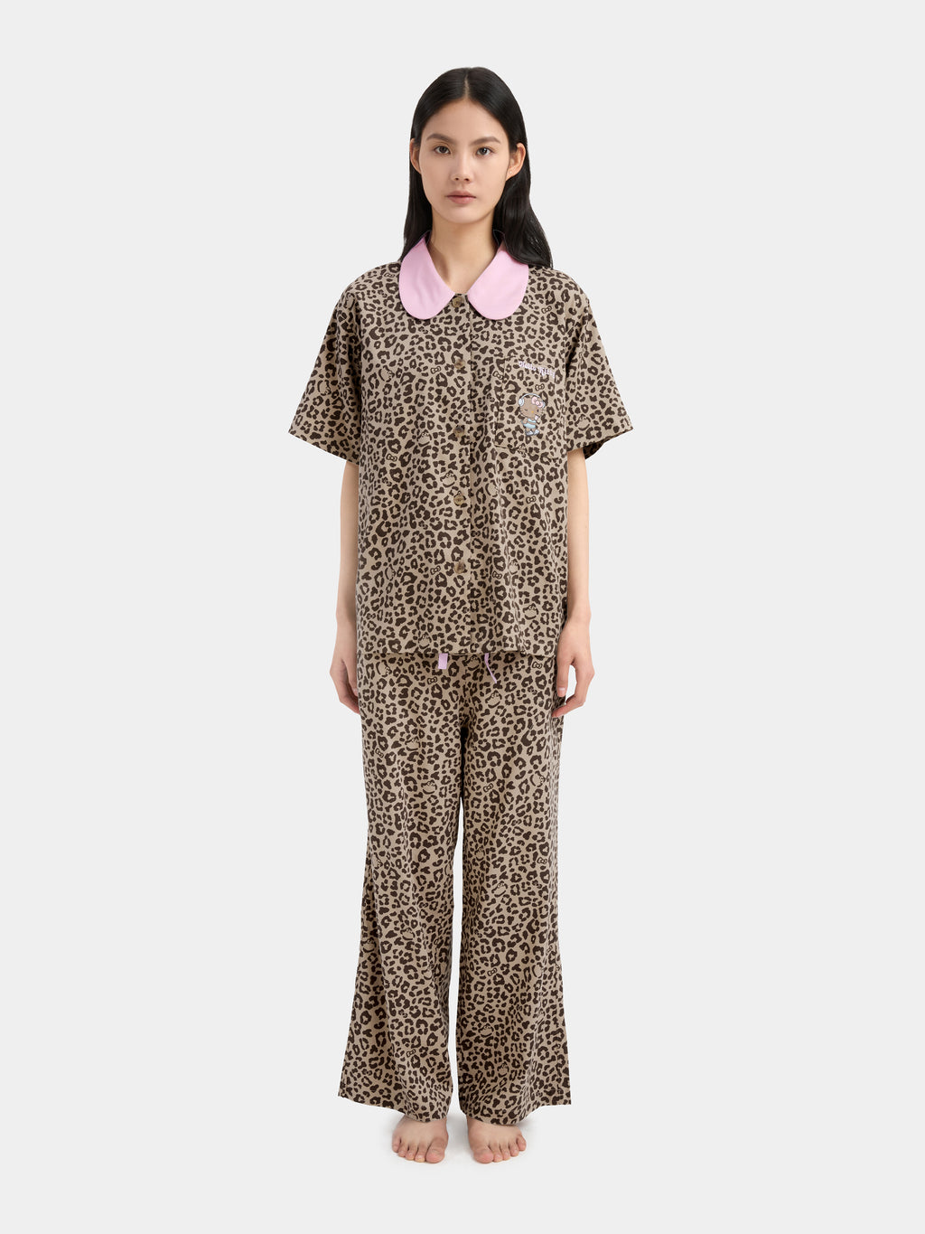 "Hello Kitty" Tencel Cotton Blend Loungewear Set Short Sleeve & Pants – Leopard