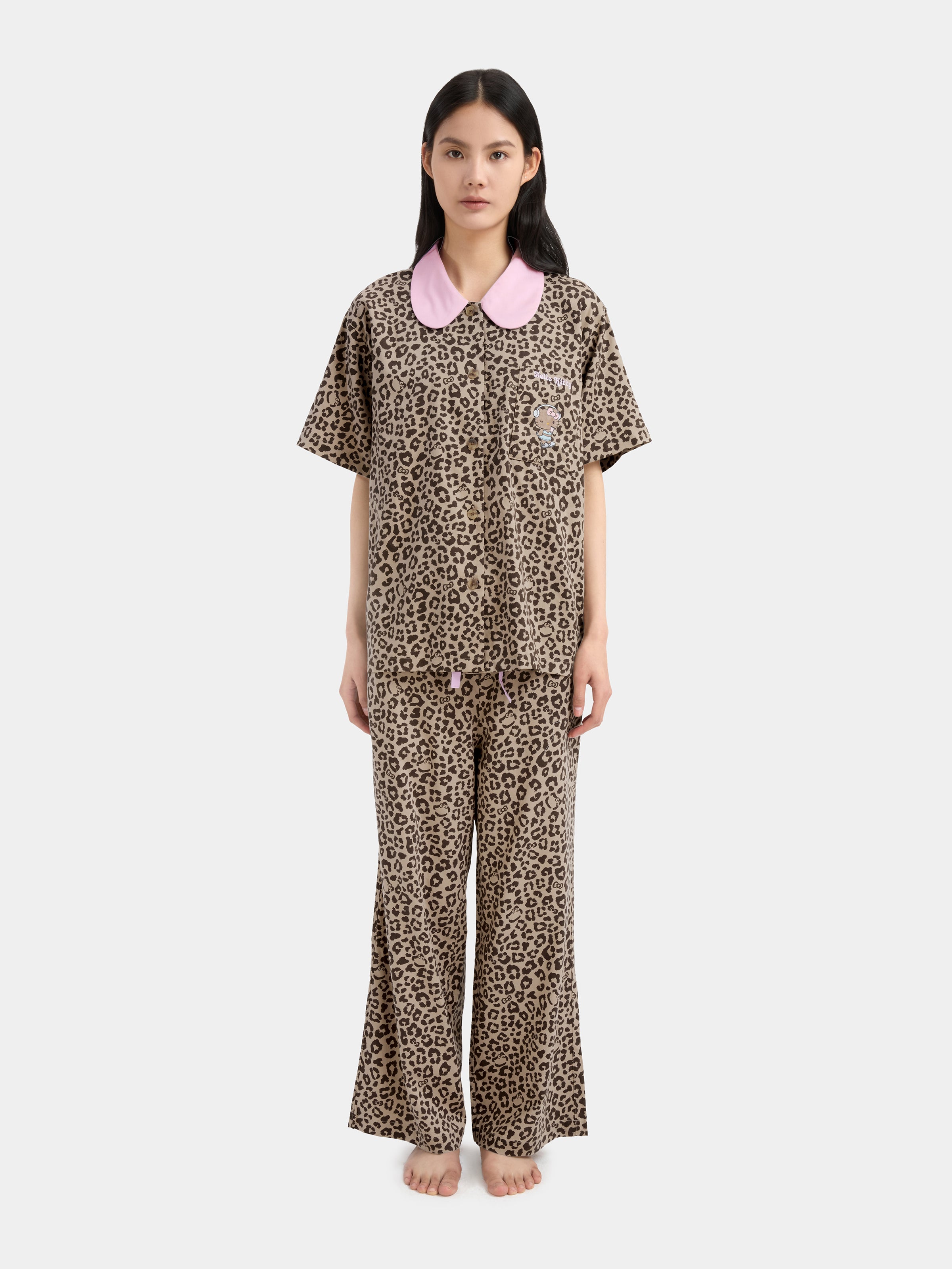 "Hello Kitty" Tencel Cotton Blend Loungewear Set Short Sleeve & Pants – Leopard