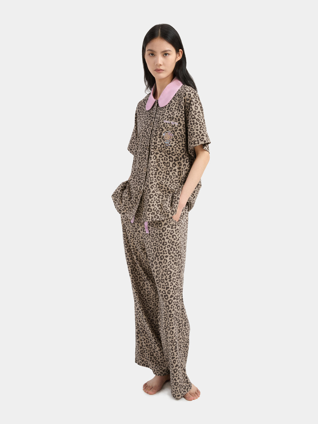 "Hello Kitty" Tencel Cotton Blend Loungewear Set Short Sleeve & Pants – Leopard