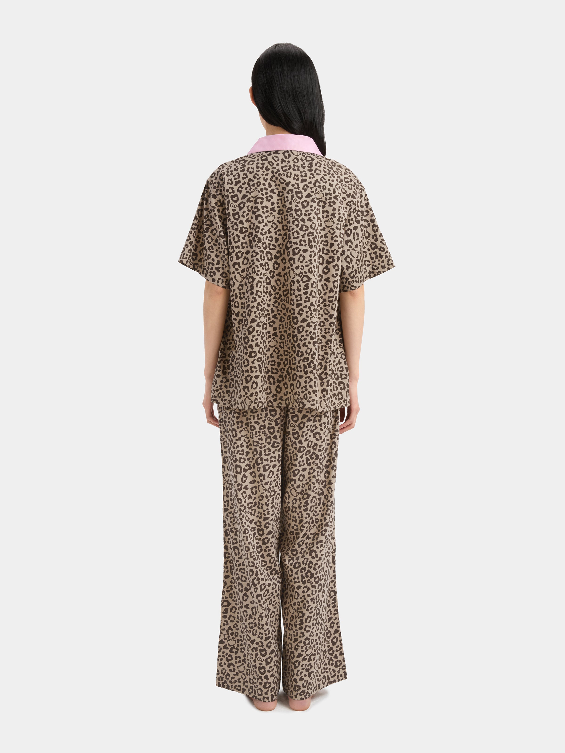 "Hello Kitty" Tencel Cotton Blend Loungewear Set Short Sleeve & Pants – Leopard