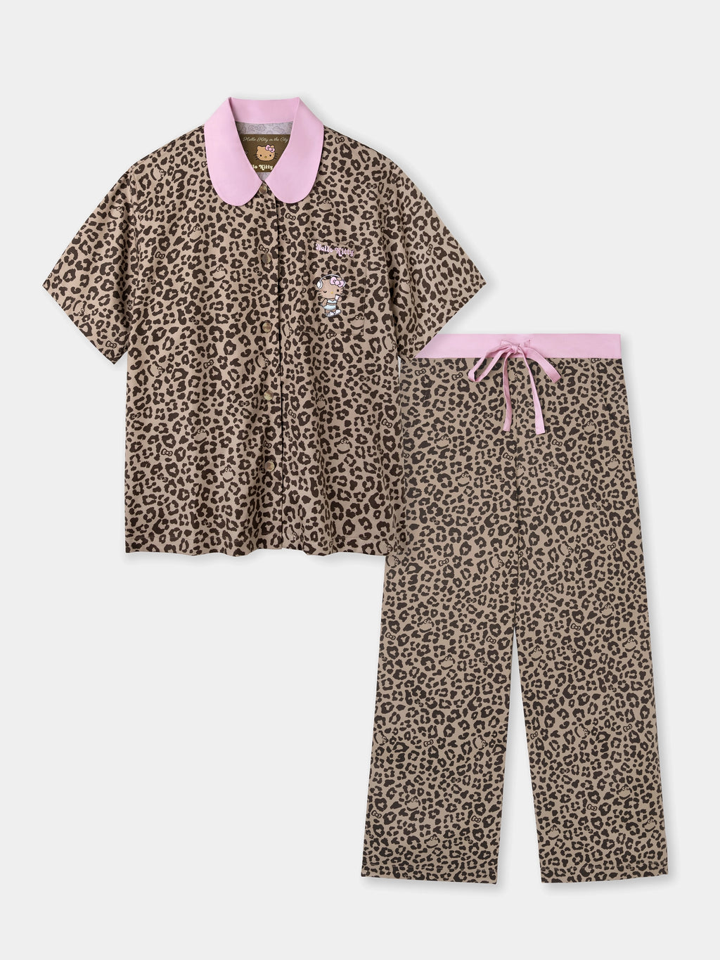"Hello Kitty" Tencel Cotton Blend Loungewear Set Short Sleeve & Pants – Leopard