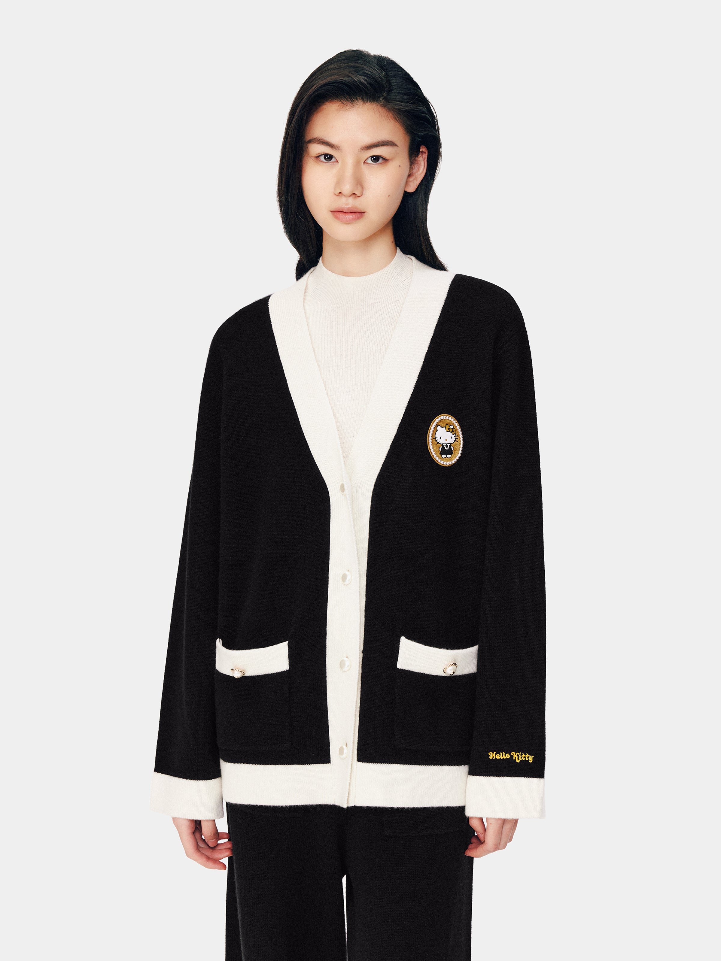 "Hello Kitty" Wool Cashmere Blend Cardigan – Black & White