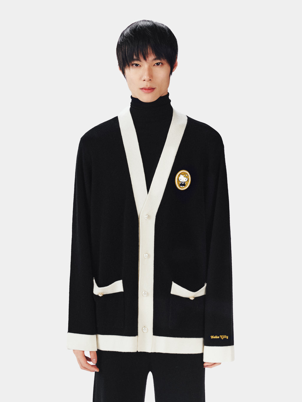 "Hello Kitty" Wool Cashmere Blend Cardigan – Black & White
