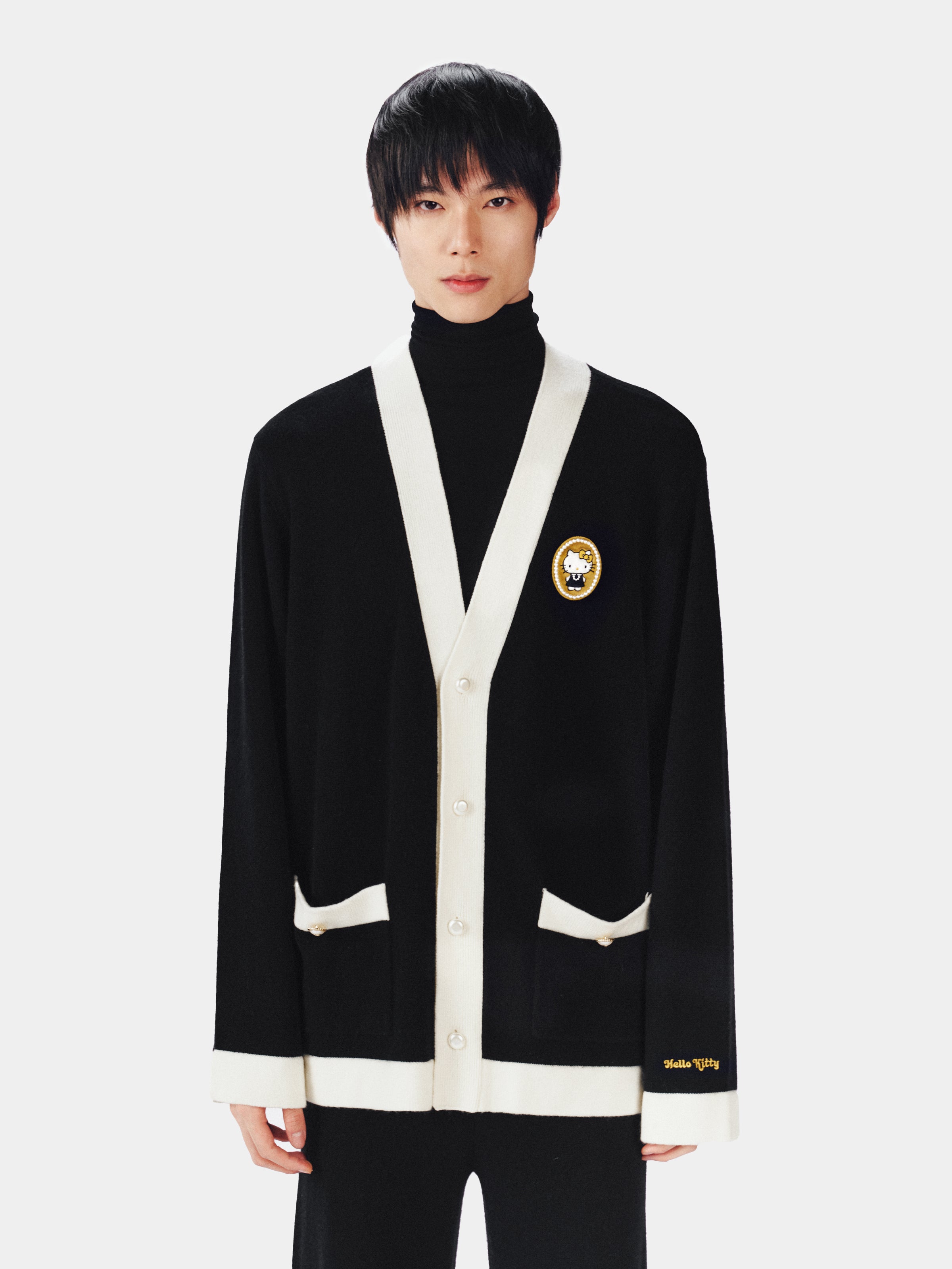 "Hello Kitty" Wool Cashmere Blend Cardigan – Black & White