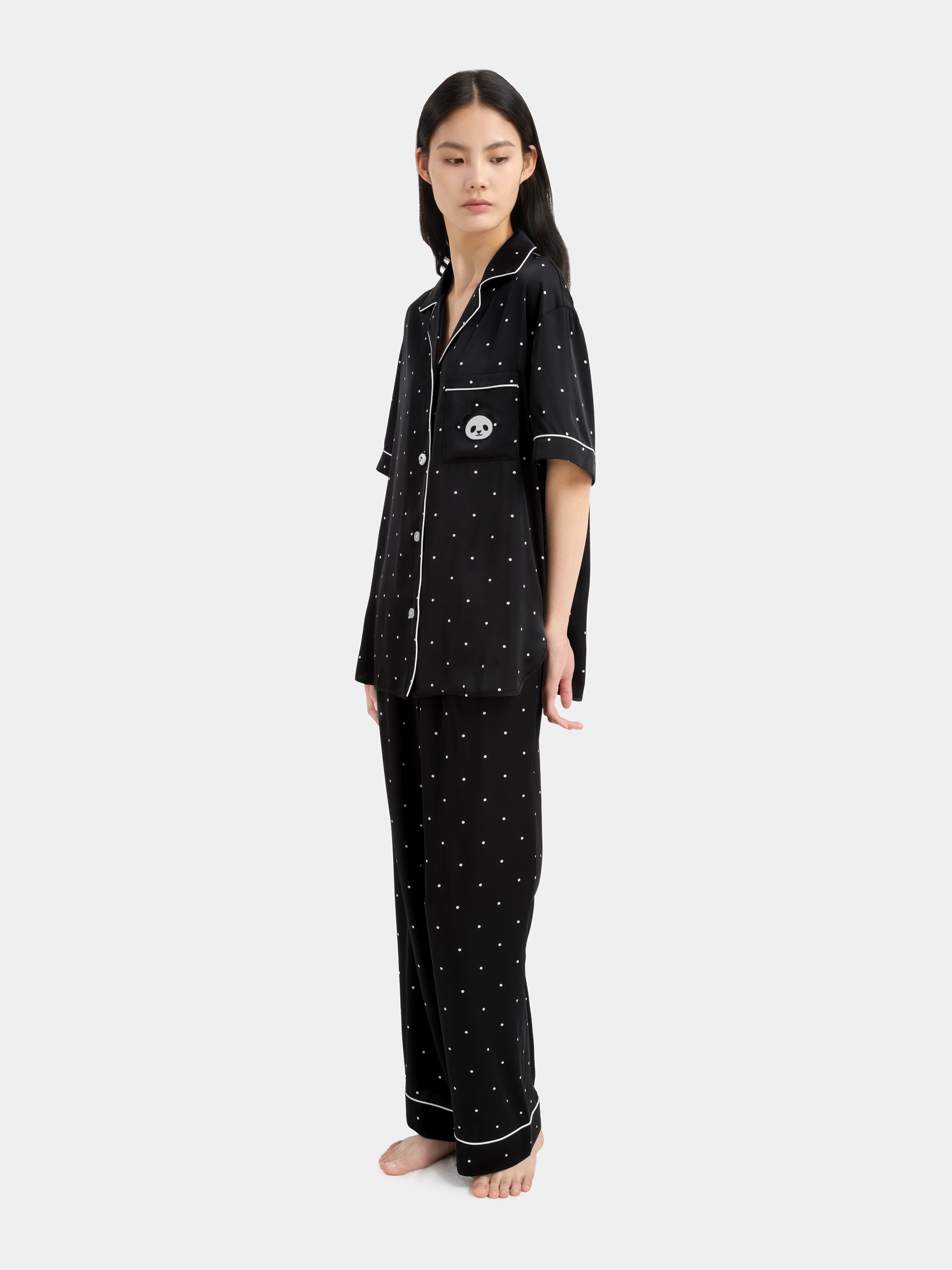 "Panda PomPom" Satin Loungewear Set Short Sleeve & Pants – Black Polka Dot