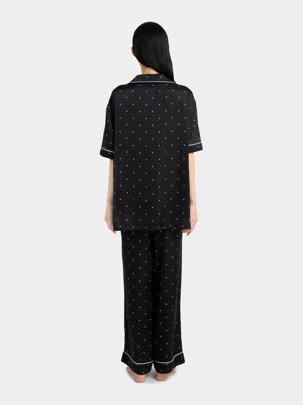 "Panda PomPom" Satin Loungewear Set Short Sleeve & Pants – Black Polka Dot