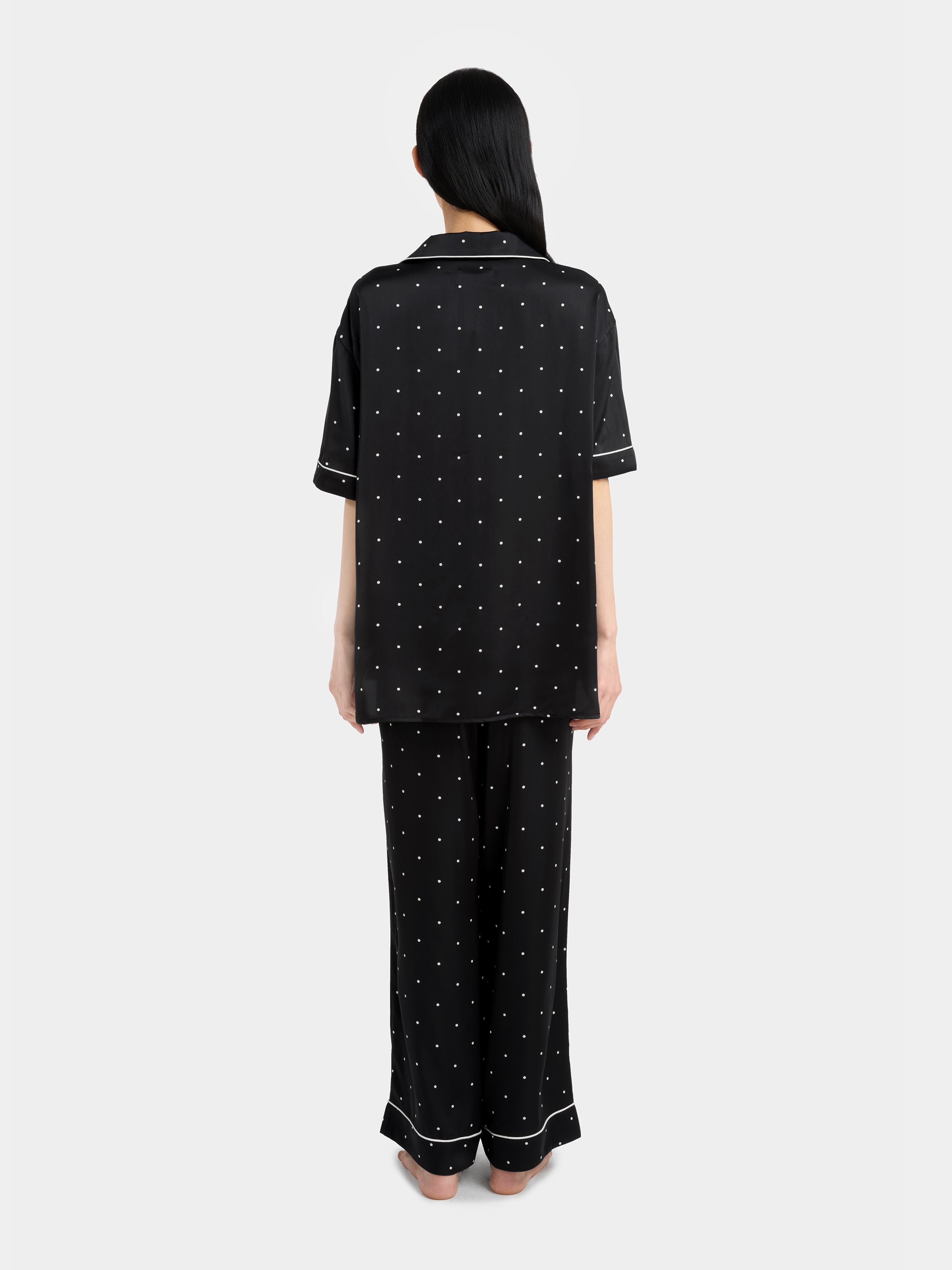 "Panda PomPom" Satin Loungewear Set Short Sleeve & Pants – Black Polka Dot