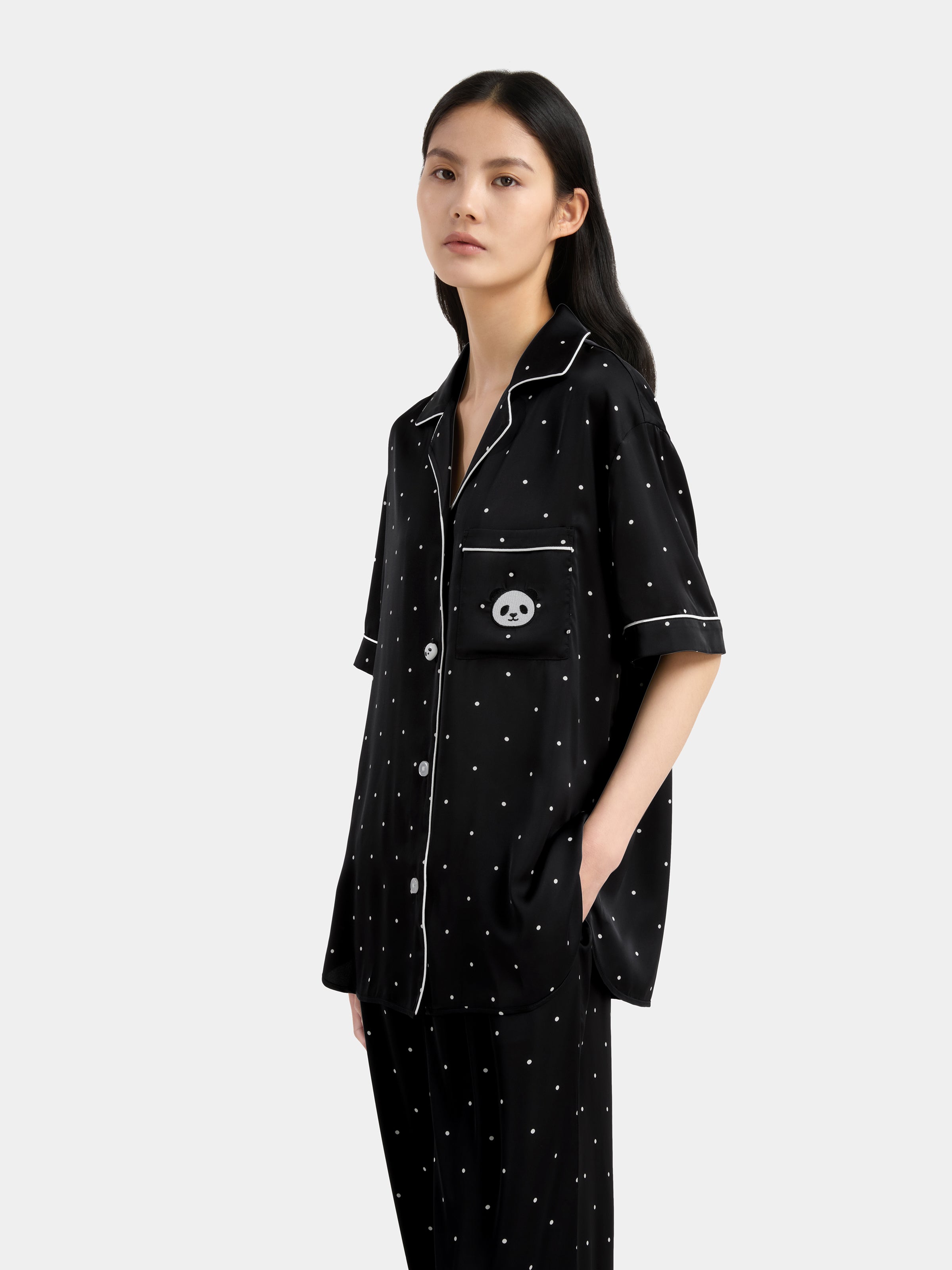 "Panda PomPom" Satin Loungewear Set Short Sleeve & Pants – Black Polka Dot