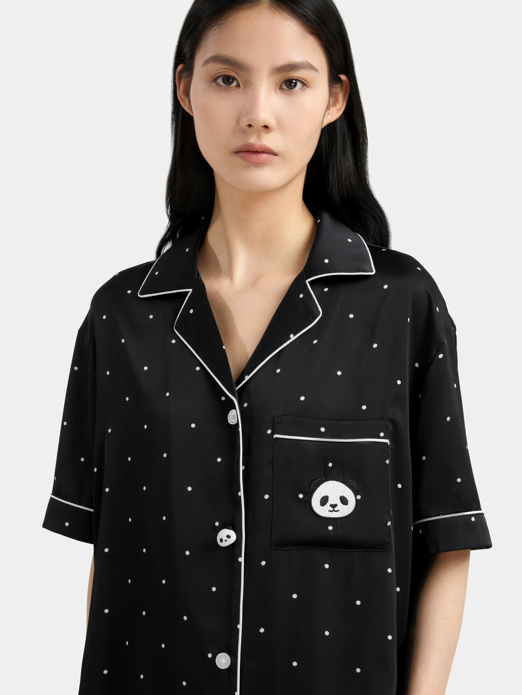 "Panda PomPom" Satin Loungewear Set Short Sleeve & Pants – Black Polka Dot