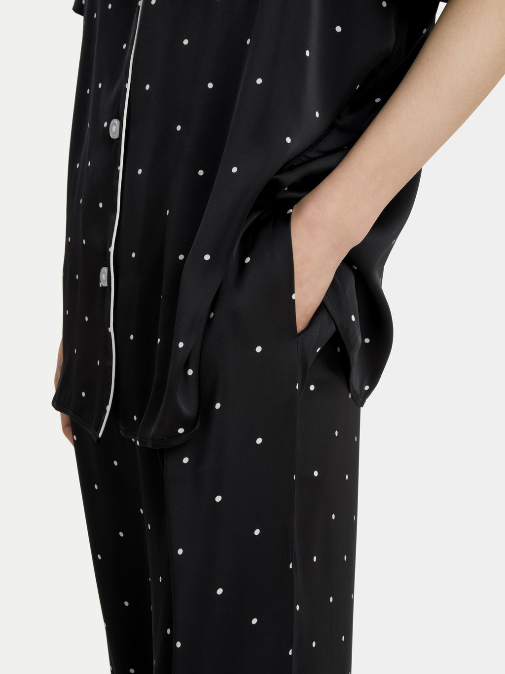 "Panda PomPom" Satin Loungewear Set Short Sleeve & Pants – Black Polka Dot