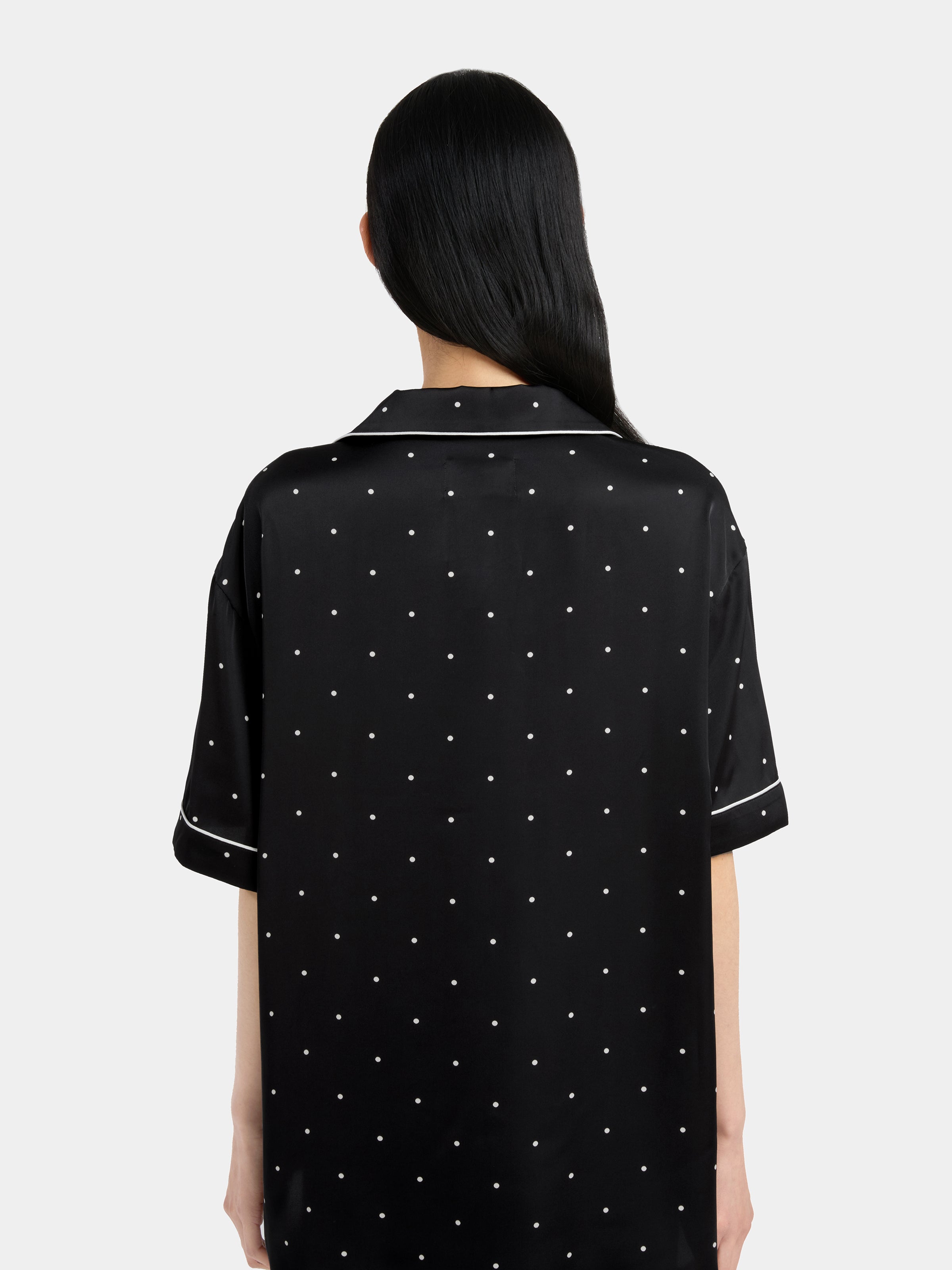 "Panda PomPom" Satin Loungewear Set Short Sleeve & Pants – Black Polka Dot