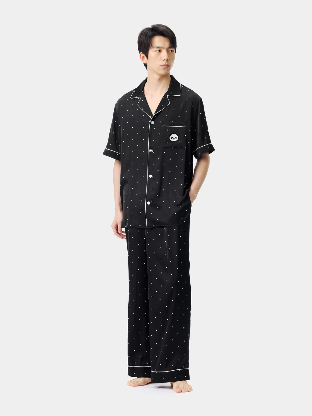 "Panda PomPom" Satin Loungewear Set Short Sleeve & Pants – Black Polka Dot