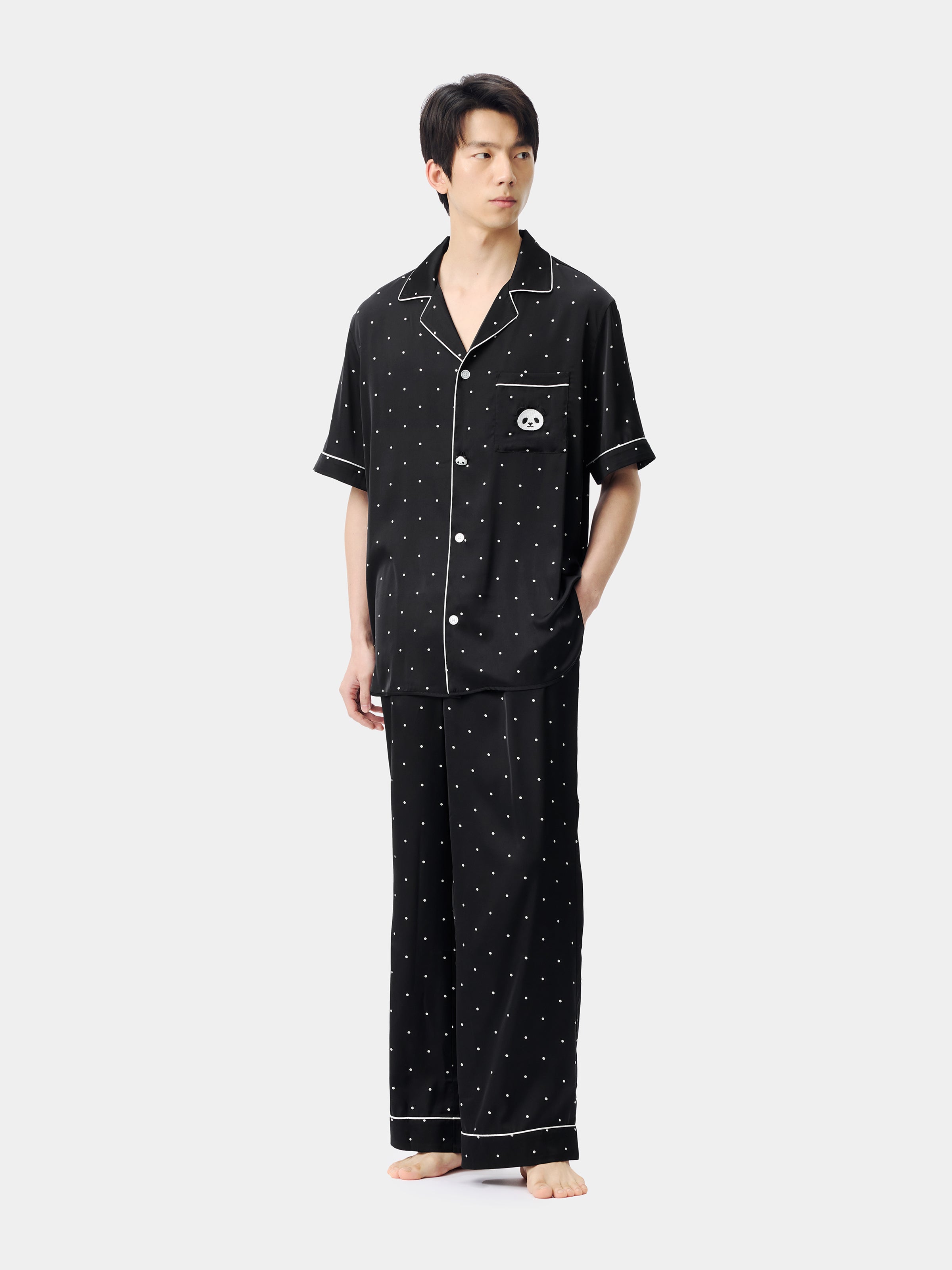"Panda PomPom" Satin Loungewear Set Short Sleeve & Pants – Black Polka Dot