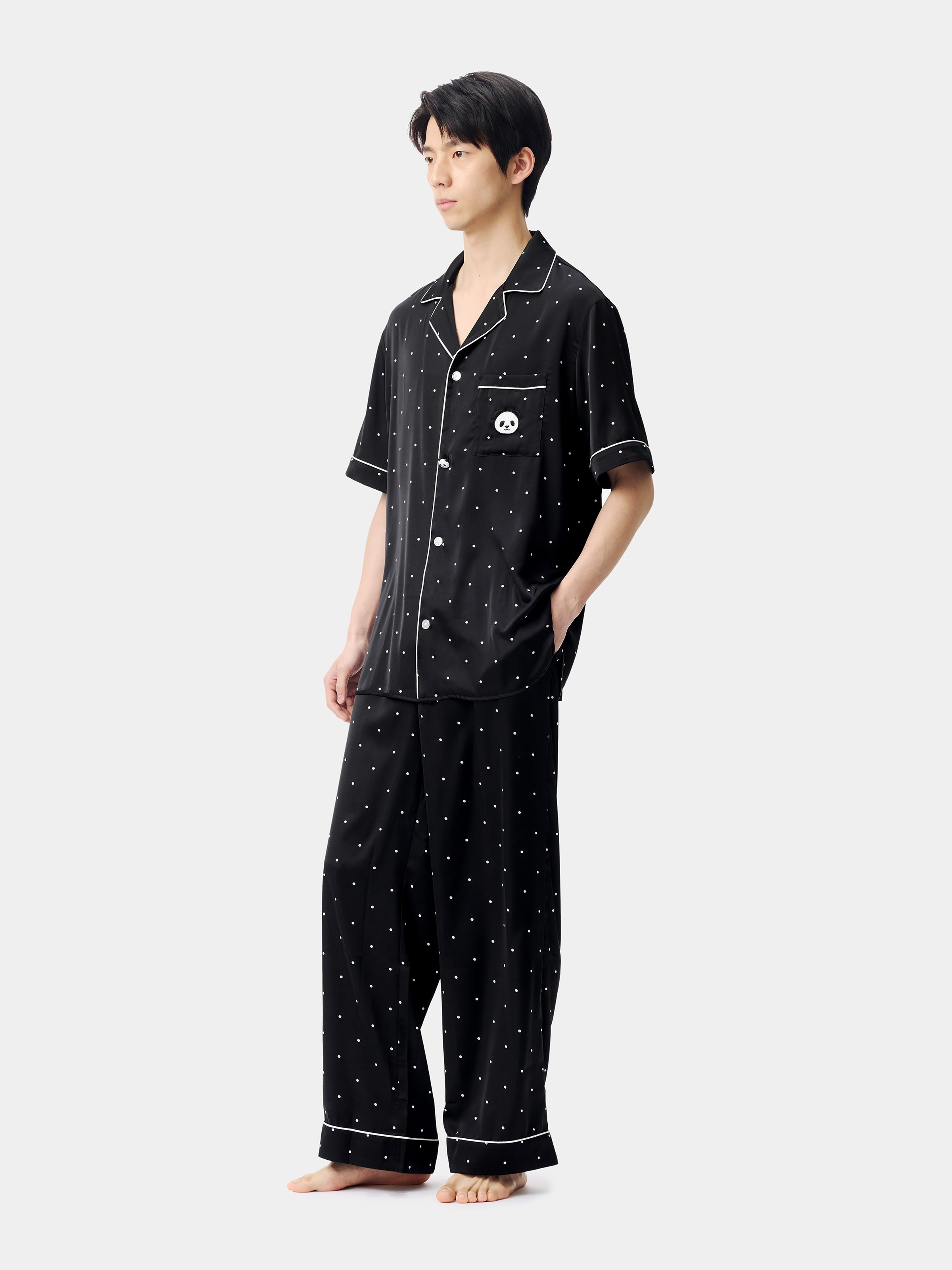 "Panda PomPom" Satin Loungewear Set Short Sleeve & Pants – Black Polka Dot