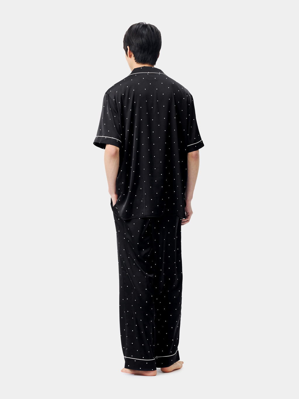 "Panda PomPom" Satin Loungewear Set Short Sleeve & Pants – Black Polka Dot