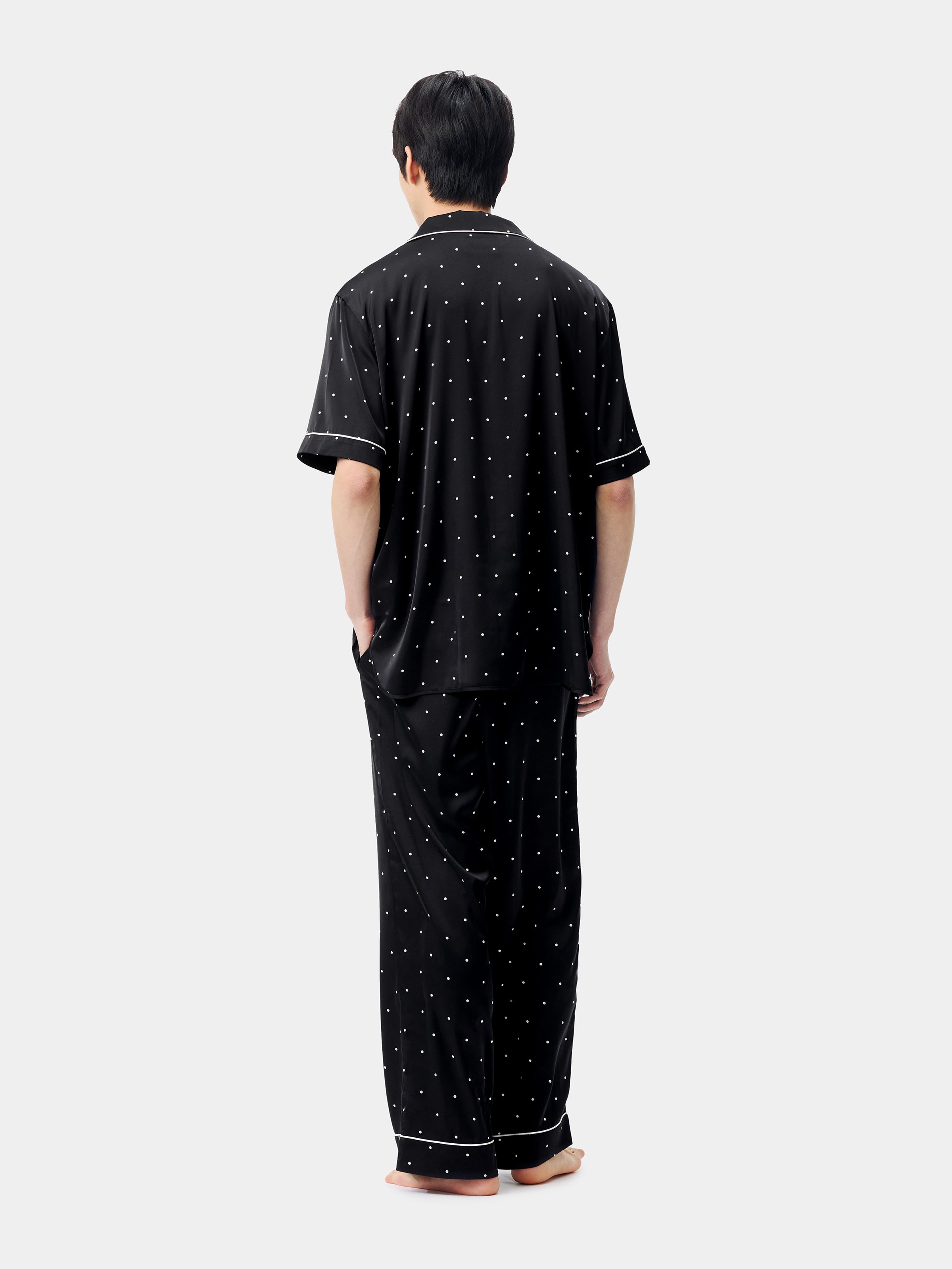 "Panda PomPom" Satin Loungewear Set Short Sleeve & Pants – Black Polka Dot