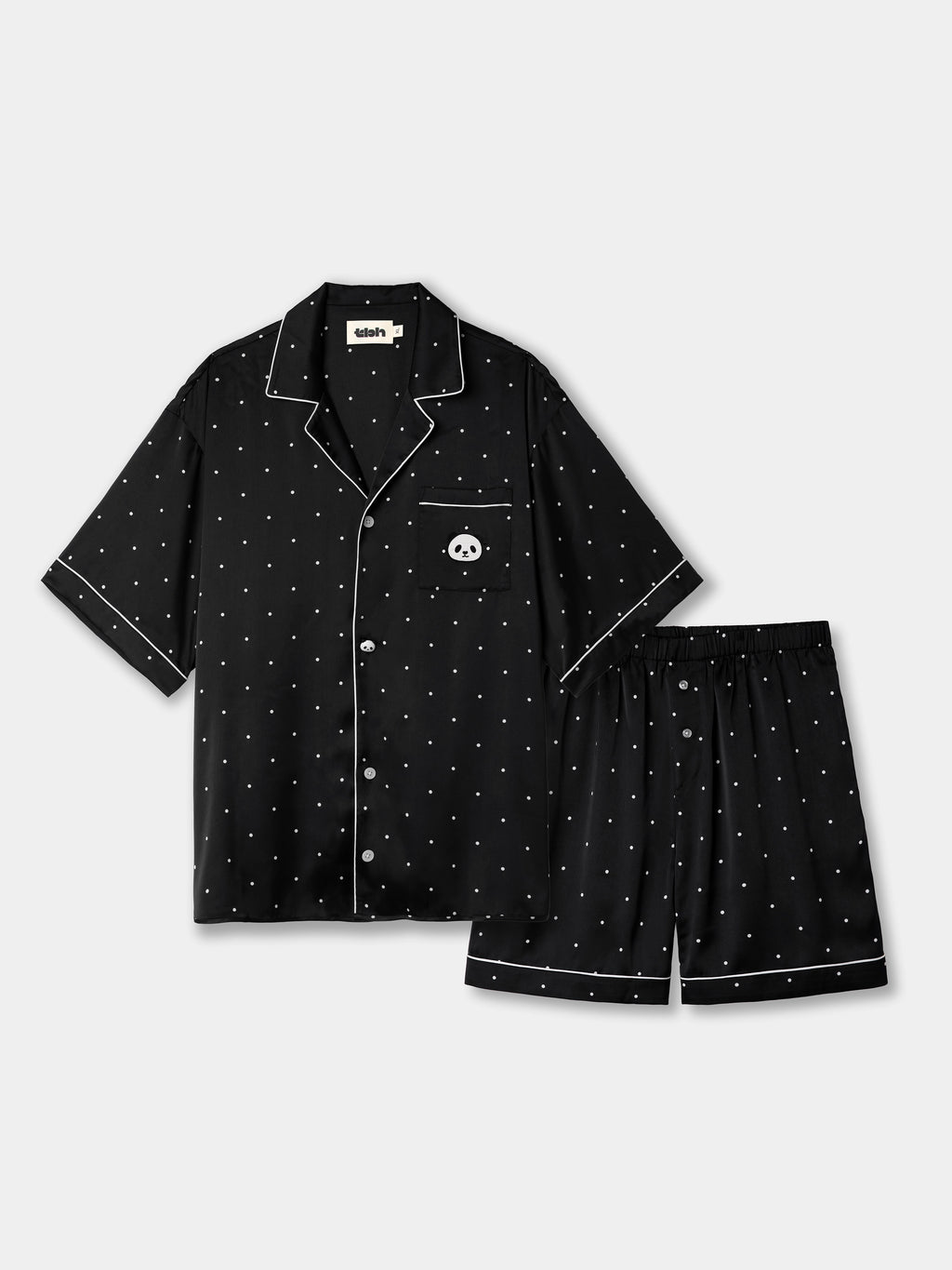 "Panda PomPom" Satin Loungewear Set Short Sleeve – Black Polka Dot