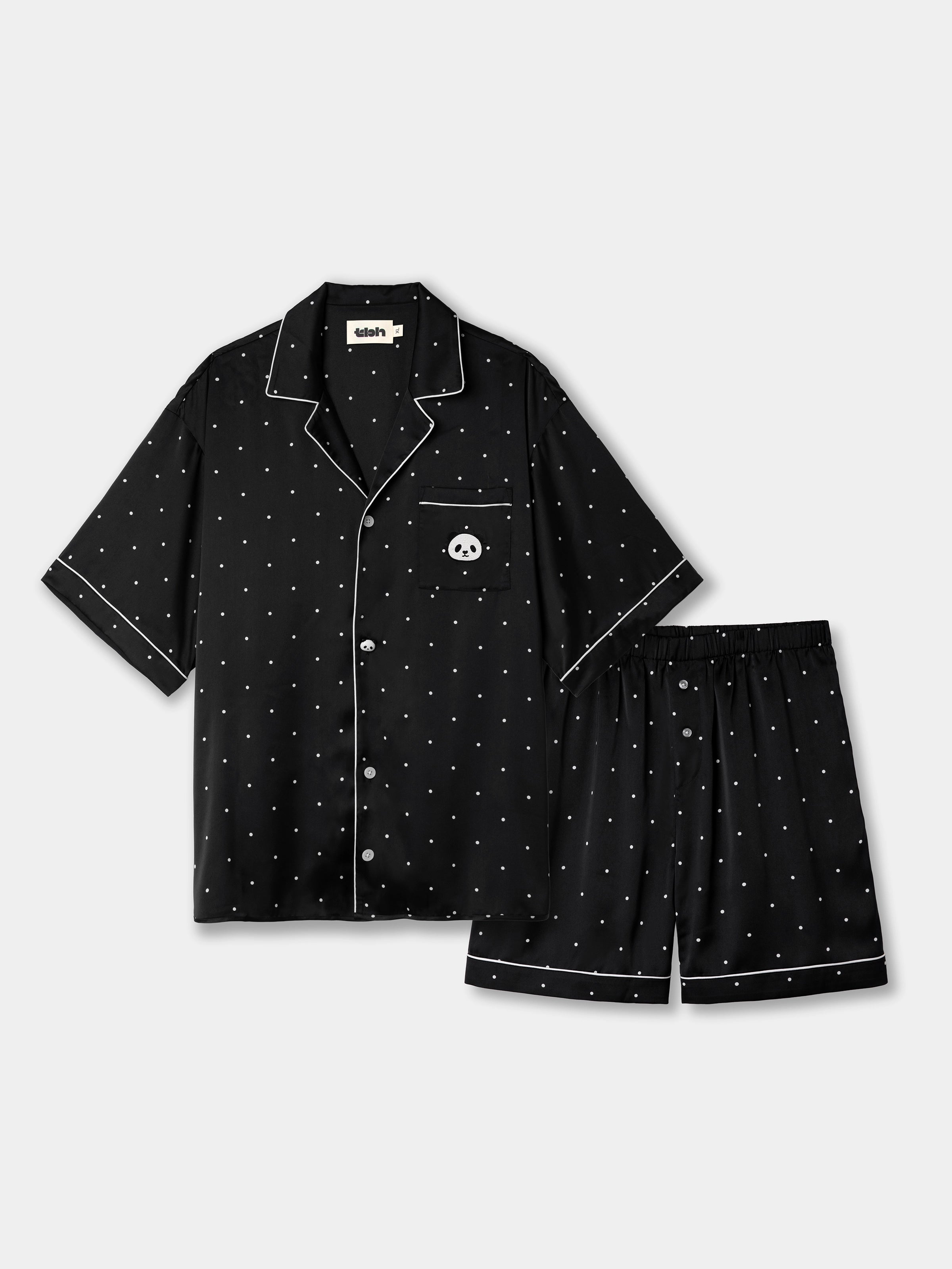 "Panda PomPom" Satin Loungewear Set Short Sleeve – Black Polka Dot