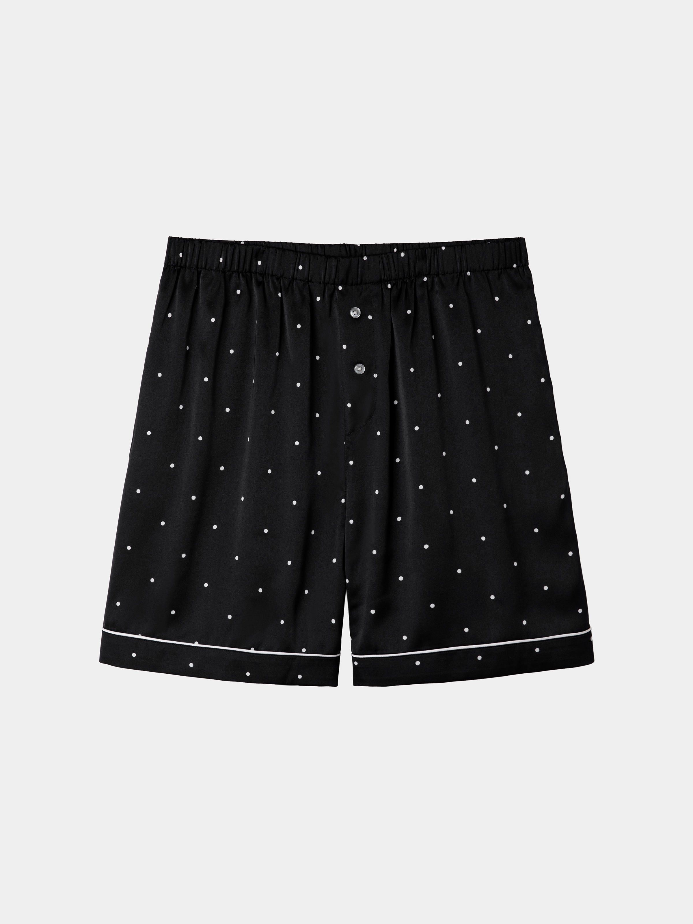 "Panda PomPom" Satin Loungewear Set Short Sleeve – Black Polka Dot